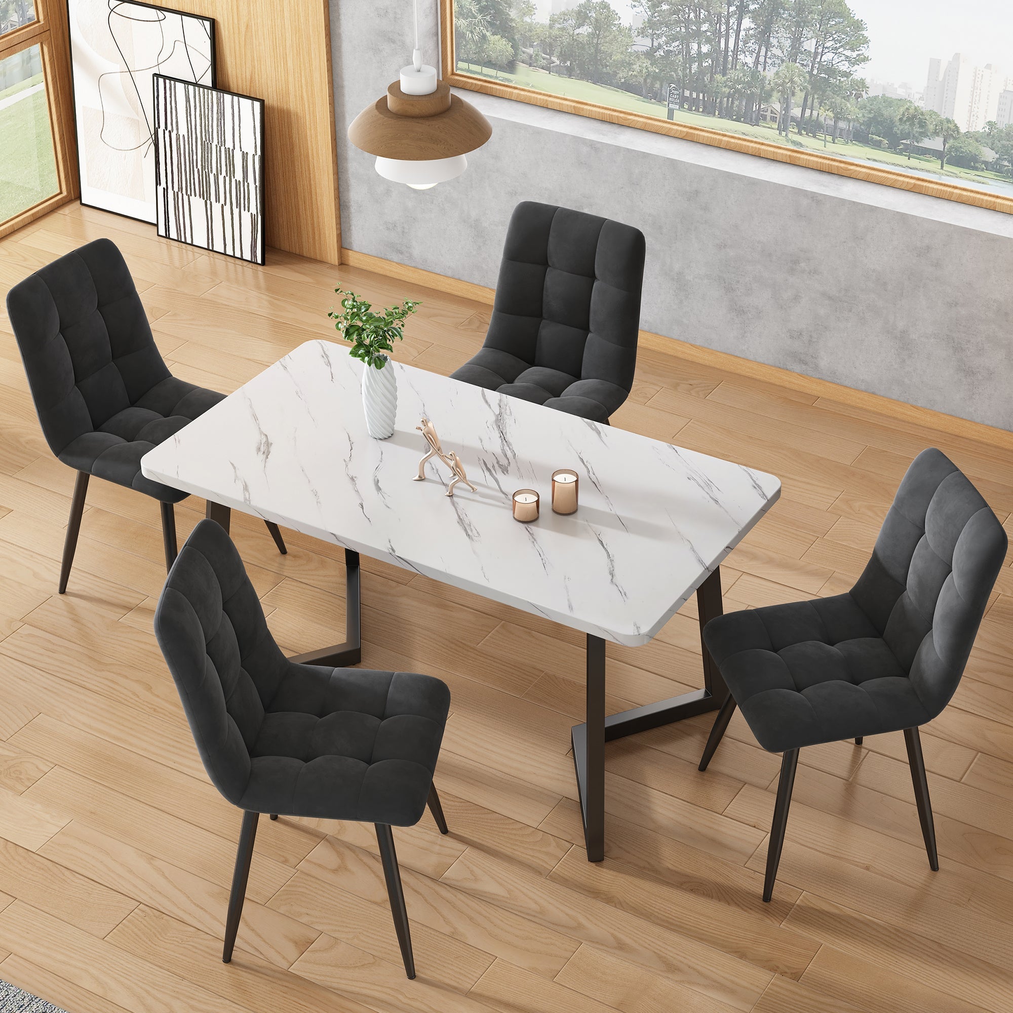 Dining Table Rectangular 117x68cm Modern Marble Pattern Metal Frame Black/White
