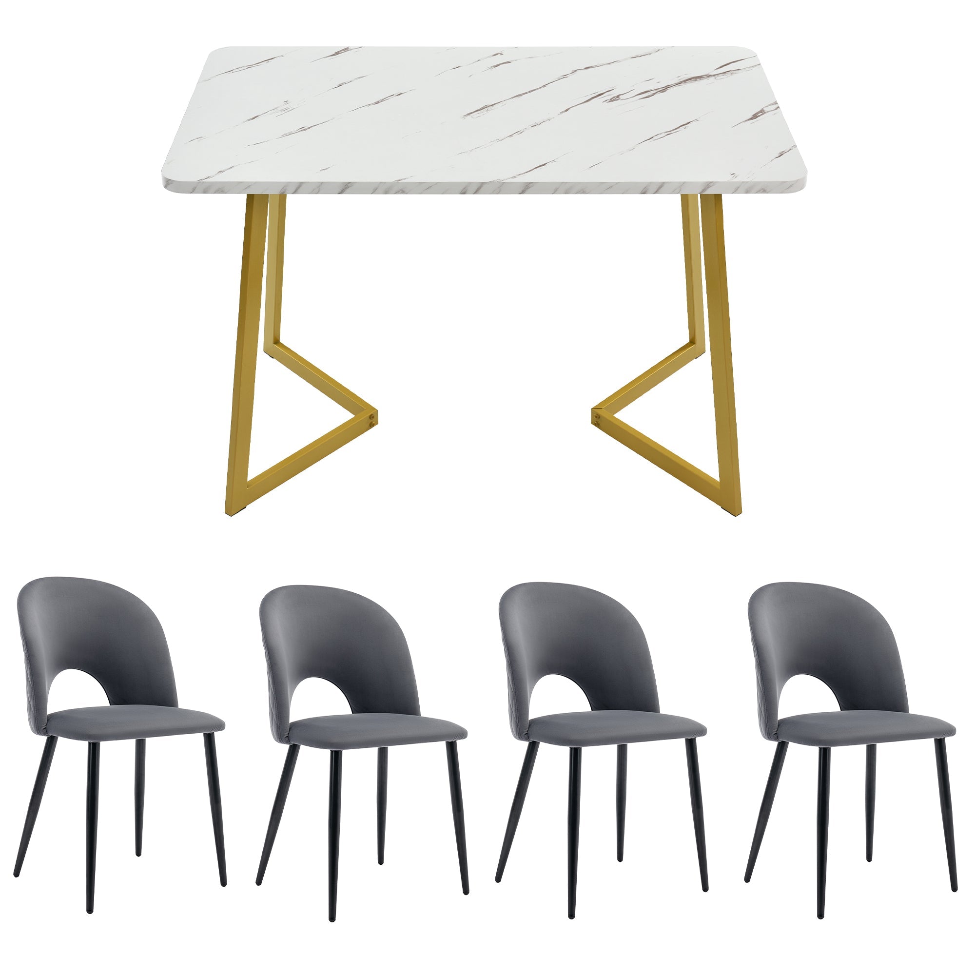 Dining Set, 117x68cm Table with 4 Chairs, Gray Velvet, Golden Legs