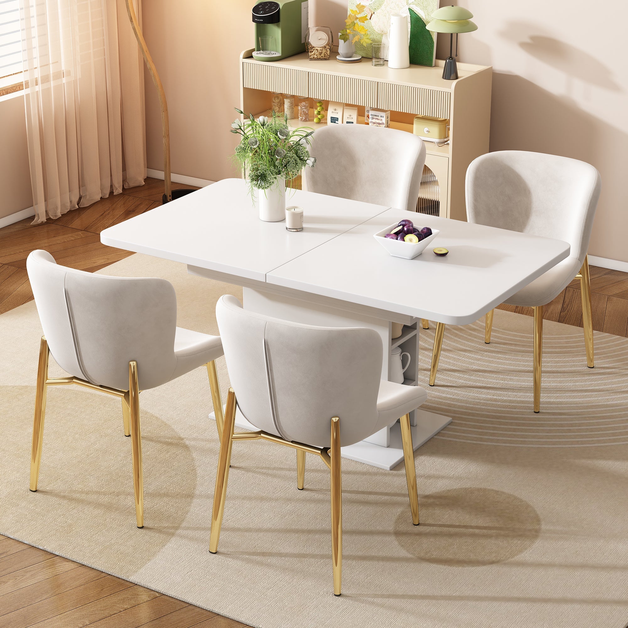 Velvet Dining Chair Set of 4 with Metal Legs, Beige