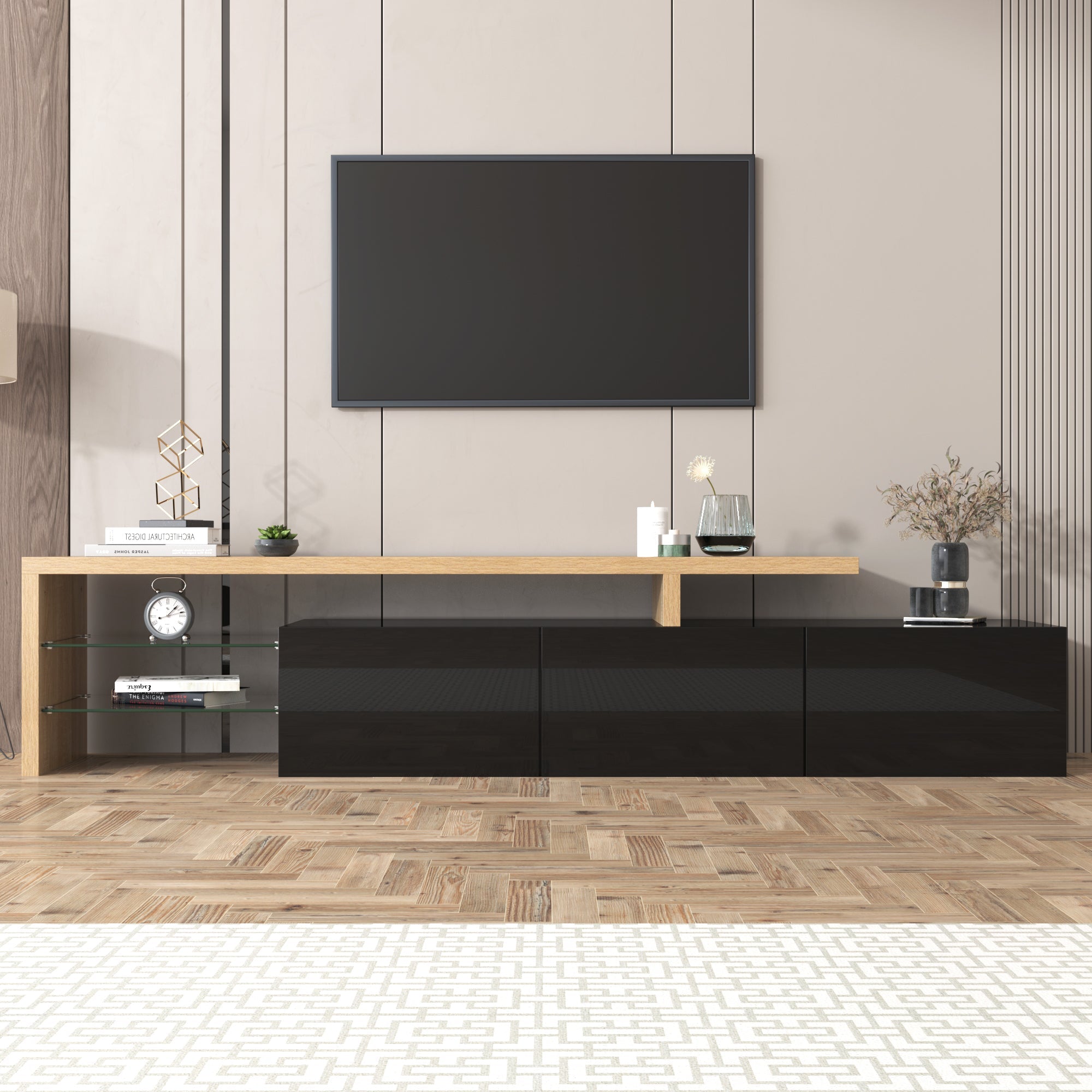Modern TV Cabinet - Stylish Elegance, Practical Storage, Glass Shelves, LED Lighting - High-Gloss Black Wood Look