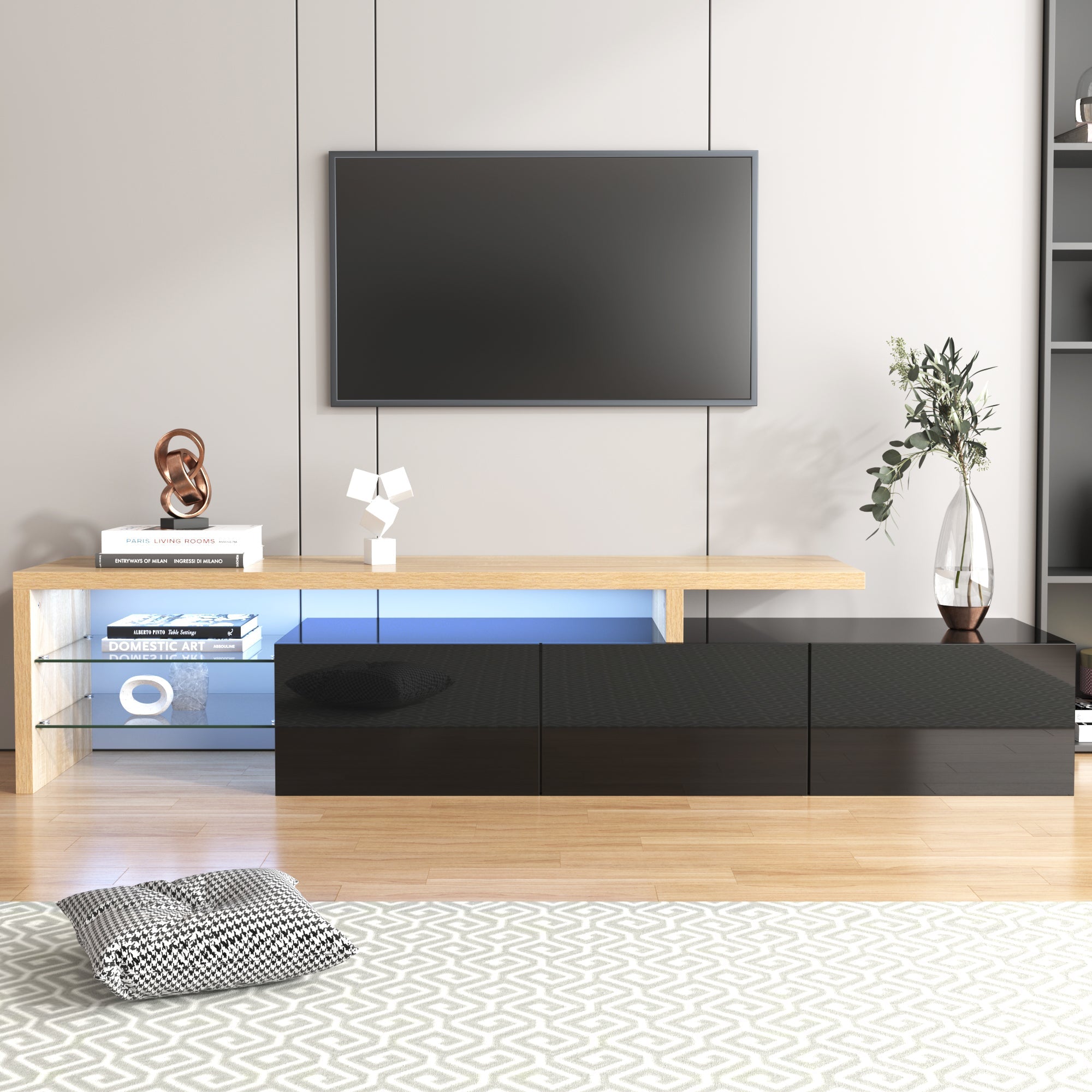 Modern TV Cabinet - Stylish Elegance, Practical Storage, Glass Shelves, LED Lighting - High-Gloss Black Wood Look