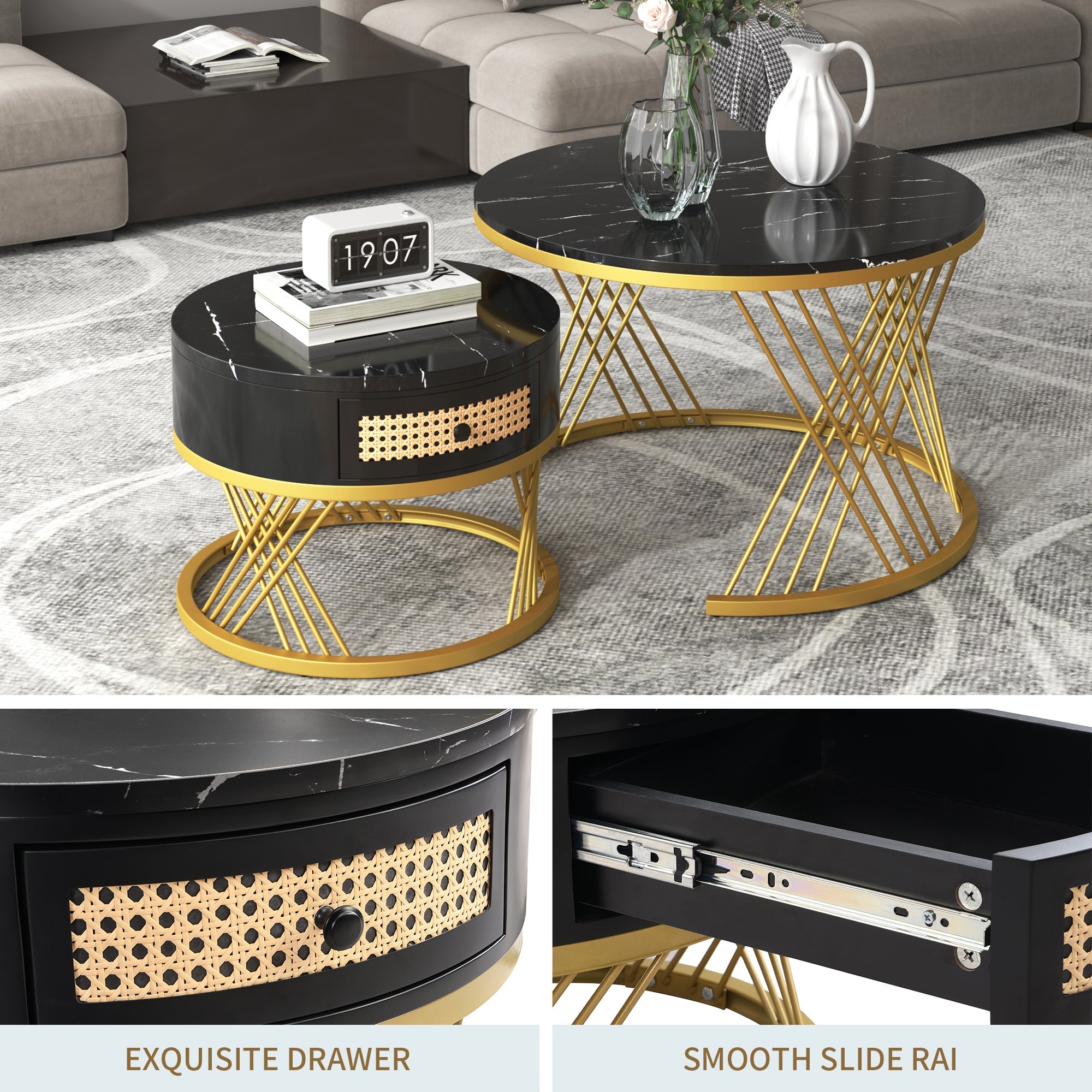 2-in-1 Round Coffee Table with Rattan Drawers and Gold Iron Legs, Marble Grain Veneer Top