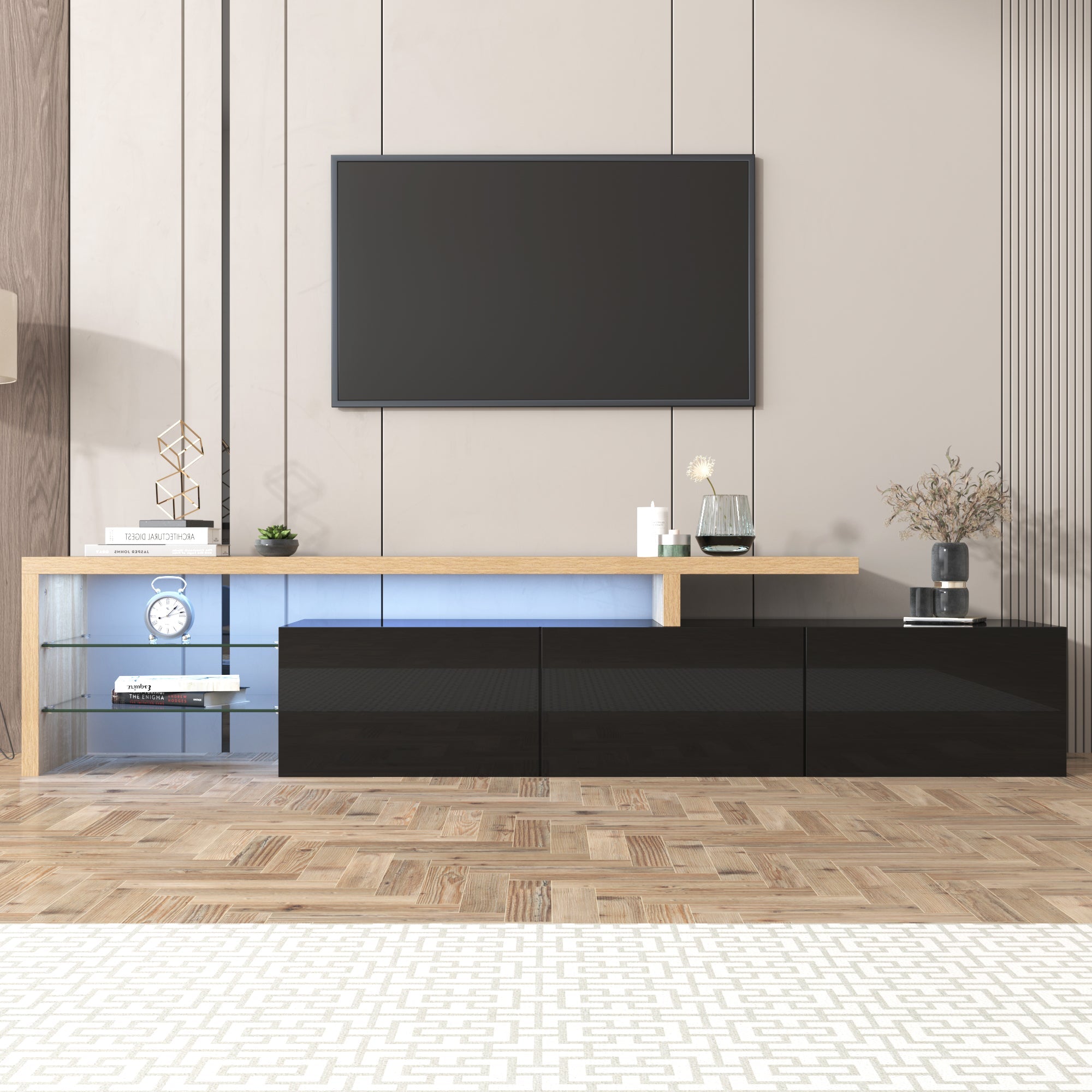 Modern TV Cabinet - Stylish Elegance, Practical Storage, Glass Shelves, LED Lighting - High-Gloss Black Wood Look