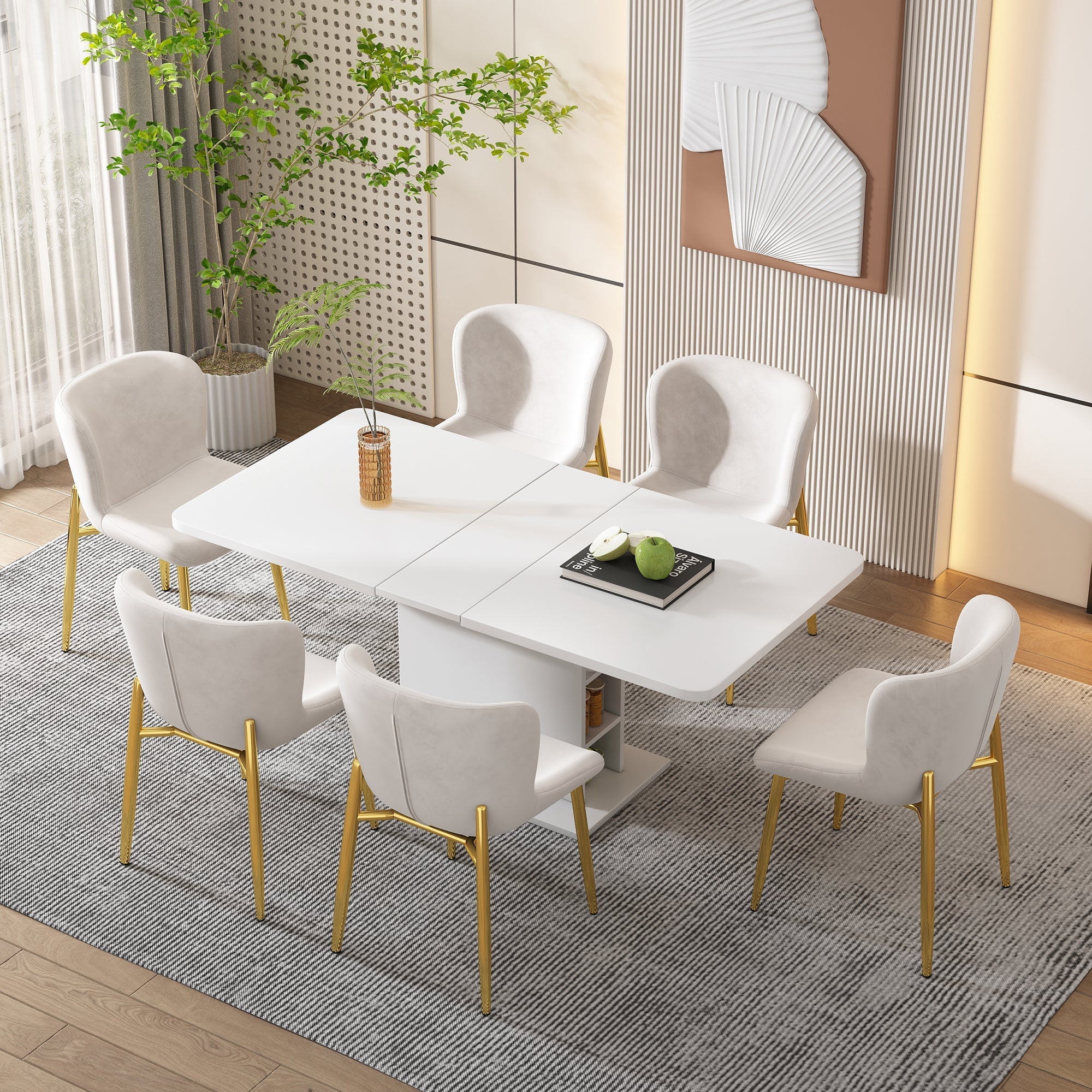 Extendable Dining Table with Storage and Iron Frame, Space-Saving Rectangular Design, White