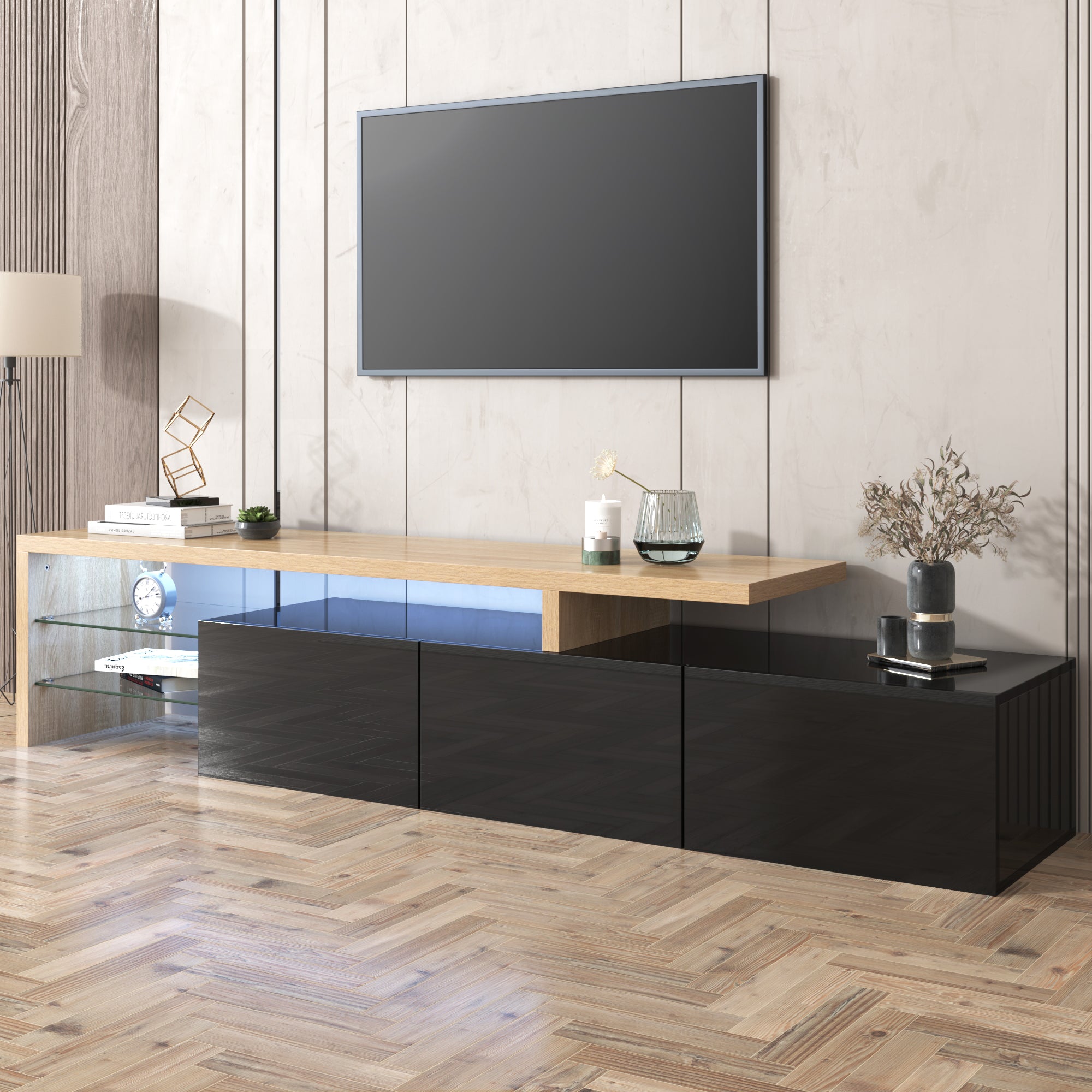 Modern TV Cabinet - Stylish Elegance, Practical Storage, Glass Shelves, LED Lighting - High-Gloss Black Wood Look