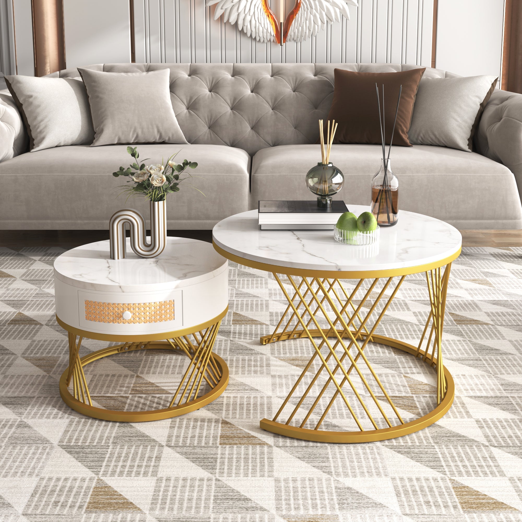 2-in-1 Round Coffee Table with Marble Grain Veneer Top, Rattan Drawers, Solid Wood Handles, and Gold Iron Legs