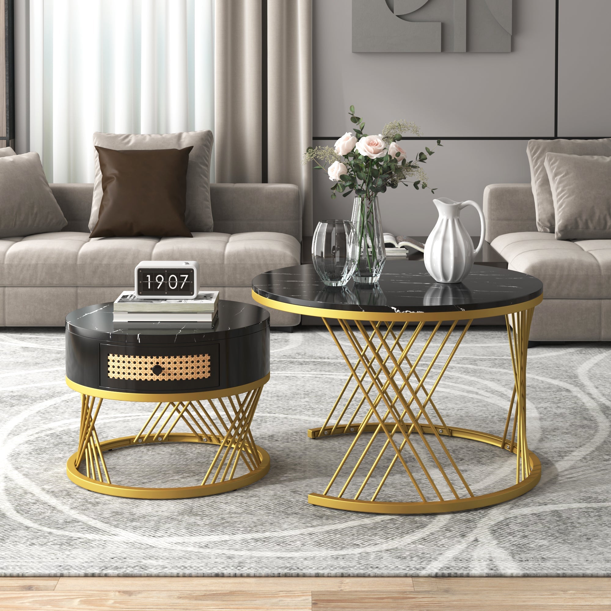 2-in-1 Round Coffee Table with Rattan Drawers and Gold Iron Legs, Marble Grain Veneer Top
