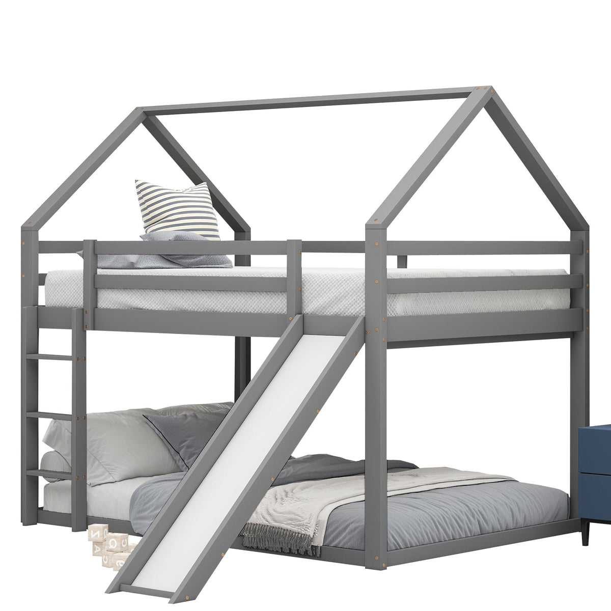 Bunk Bed 140x200cm House Bed Slide & Ladder - Grey