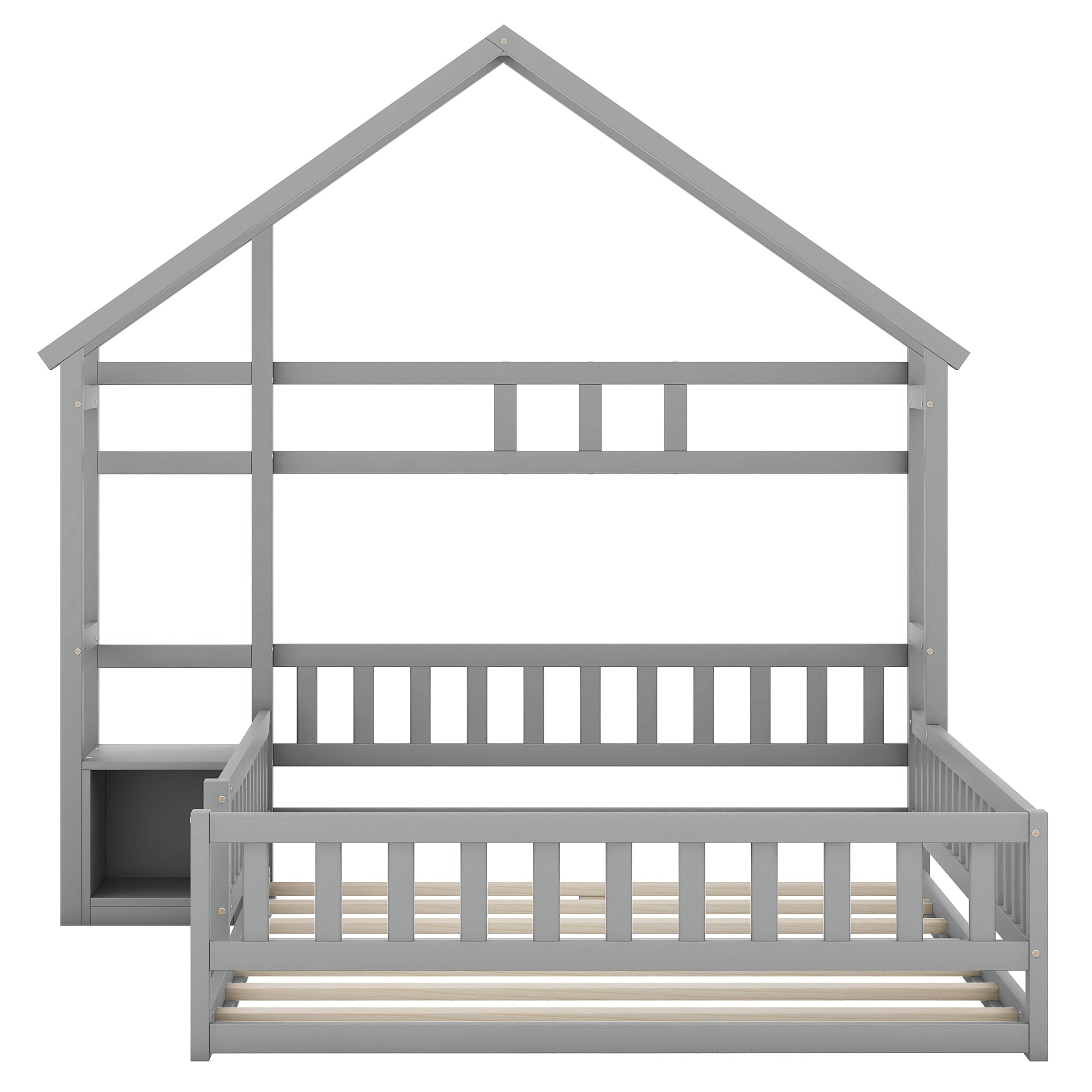 House Bed 140x200cm Flat Bed with Railings Bedside Tables Grey