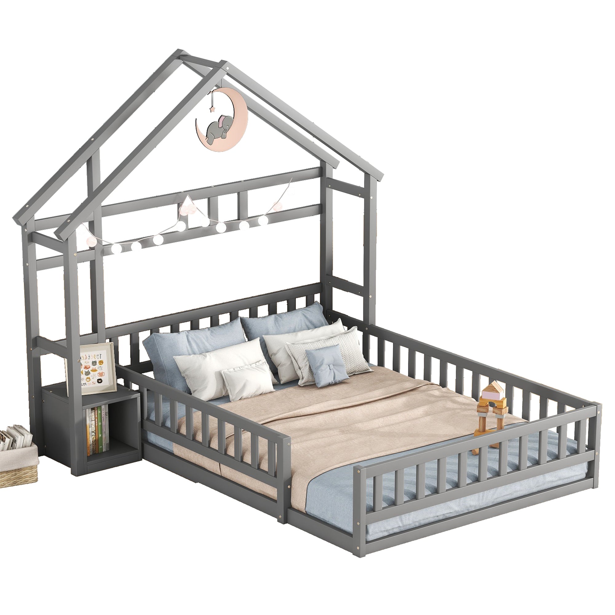 House Bed 140x200cm Flat Bed with Railings Bedside Tables Grey