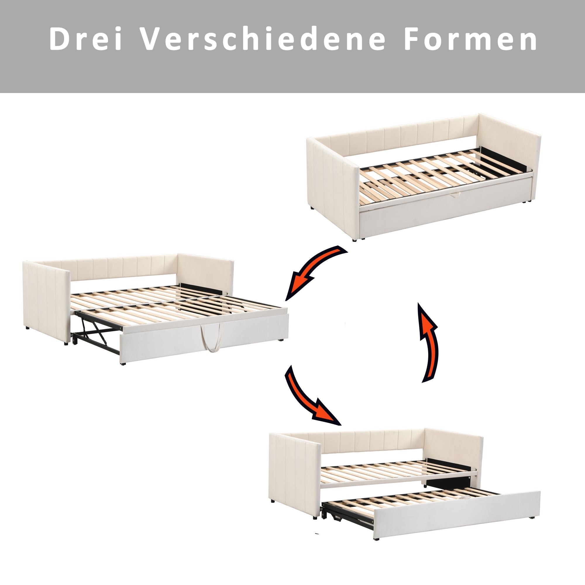 Upholstered Bed Extendable Sofa Bed 90/180x200cm Multifunctional Slatted Base Velvet Fabric Beige