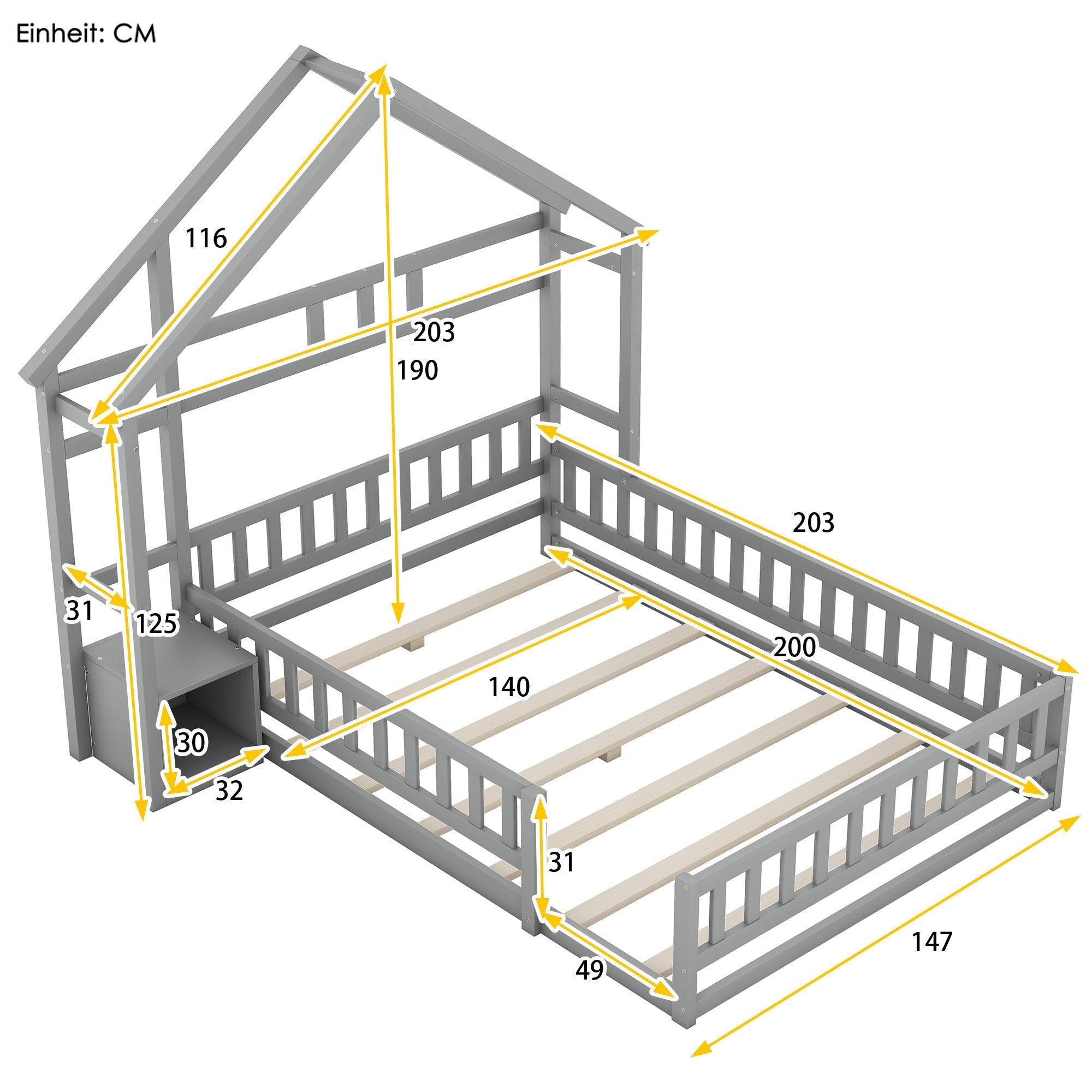 House Bed 140x200cm Flat Bed with Railings Bedside Tables Grey