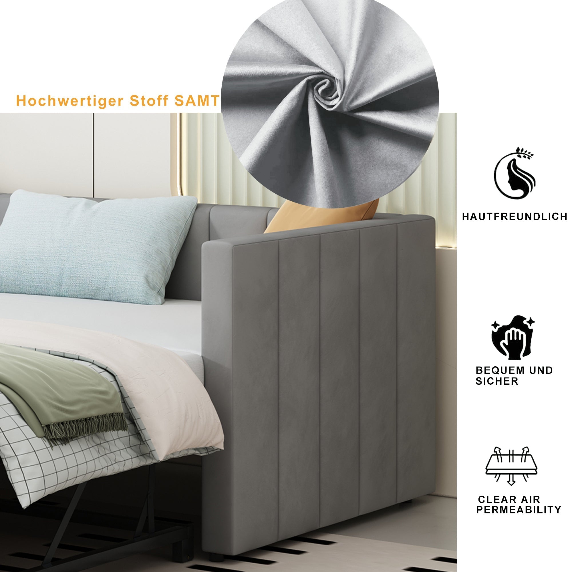 Upholstered Bed, Pull-Out Sofa Bed 90/180*200 cm with Slatted Frames, Skin-Friendly Velvet Fabric, Gray