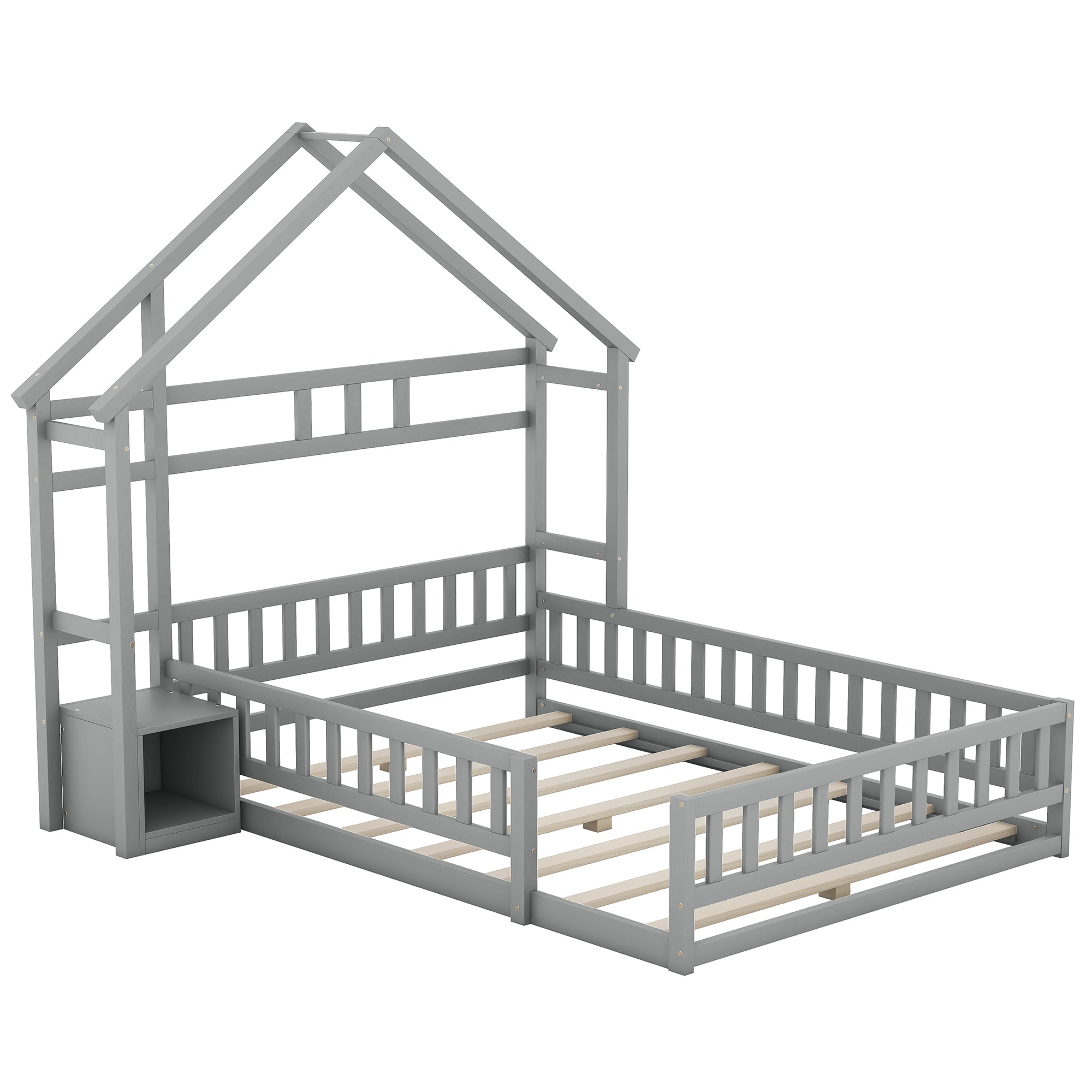 House Bed 140x200cm Flat Bed with Railings Bedside Tables Grey
