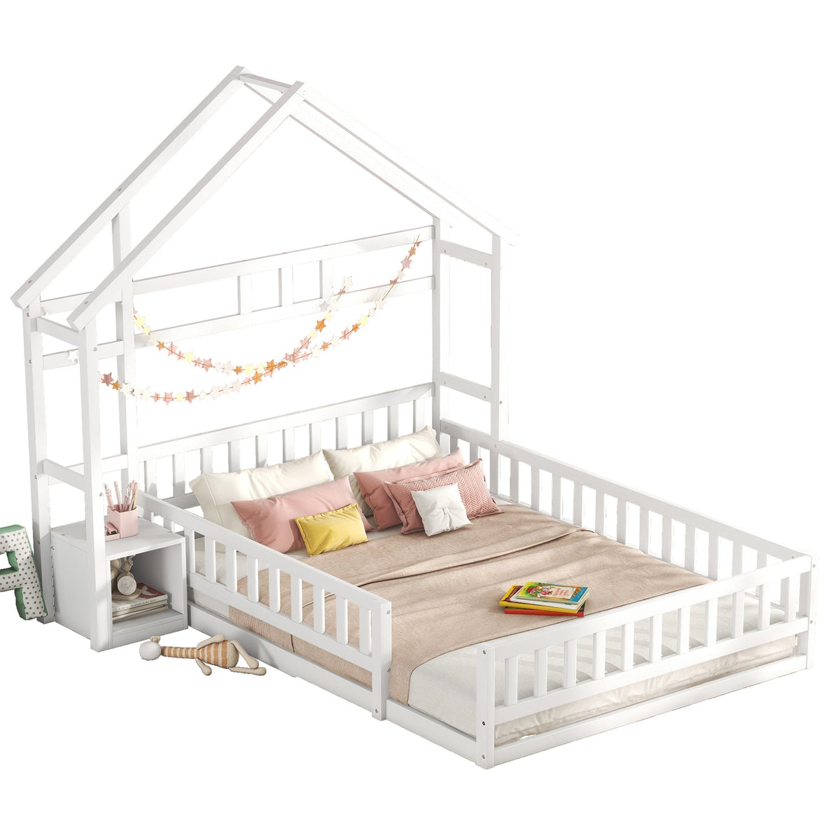 Children's House Bed 140x200cm with Railing & Bedside Tables - White