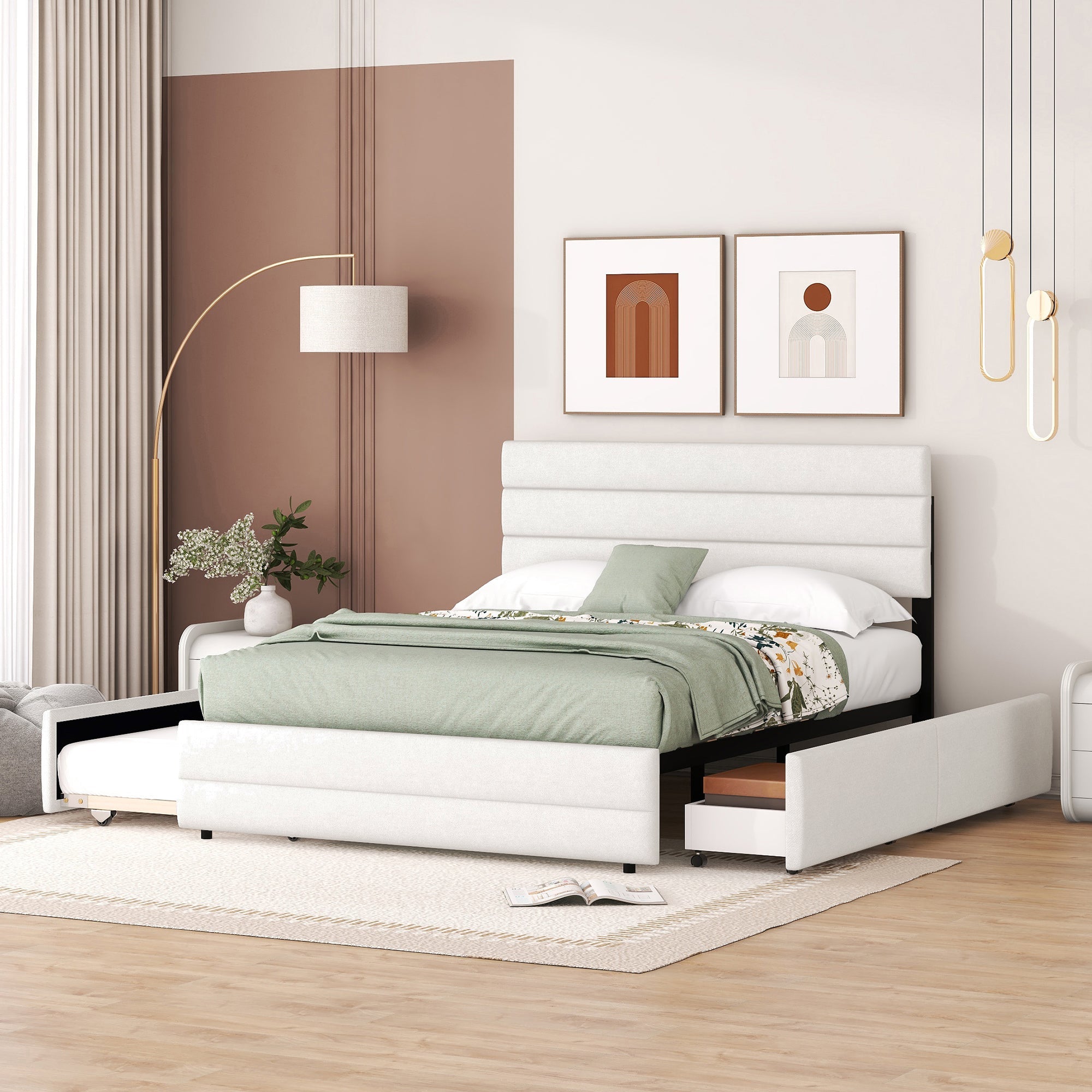 Platform Bed 140x200 with 2 Drawers - Beige