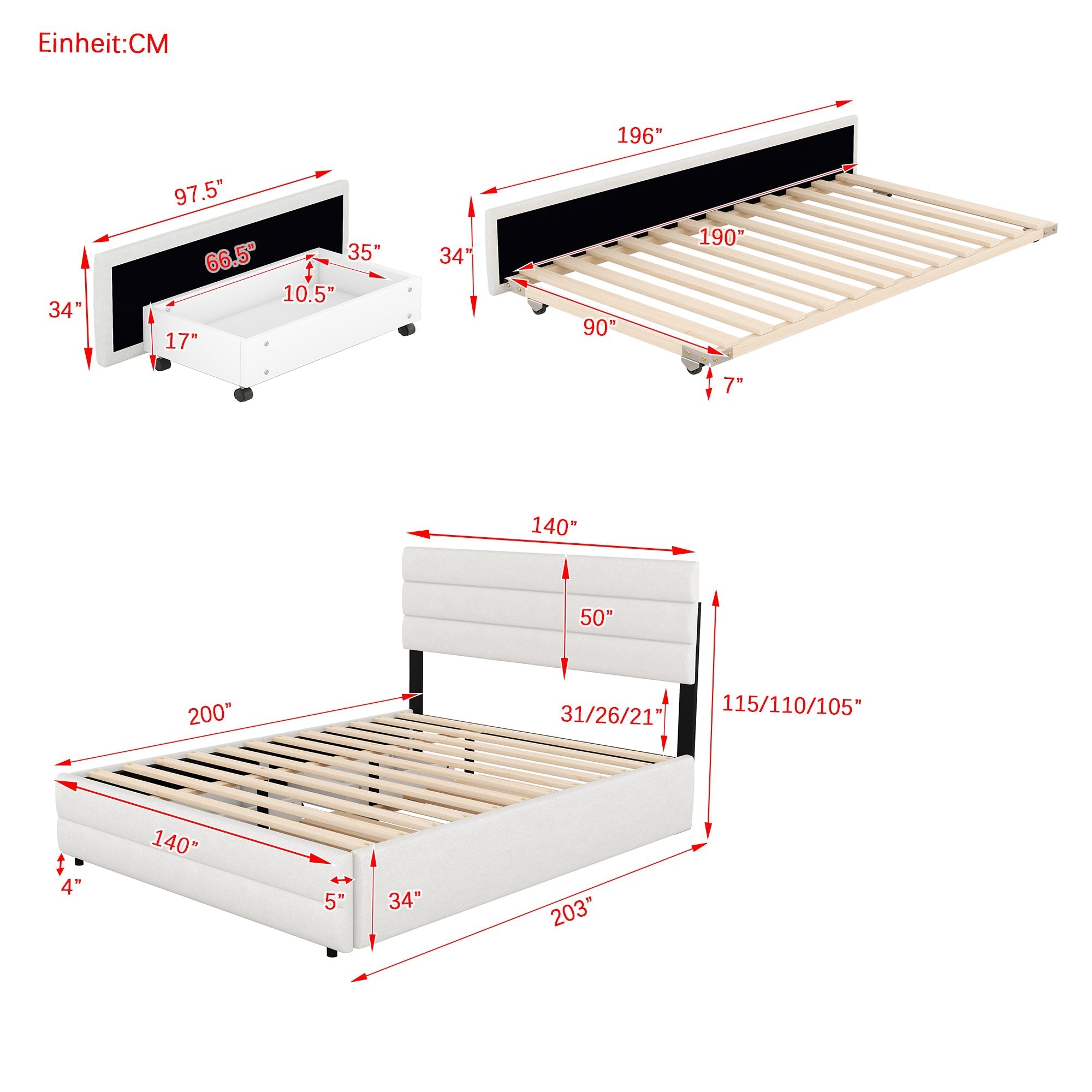 Platform Bed 140x200 with 2 Drawers - Beige