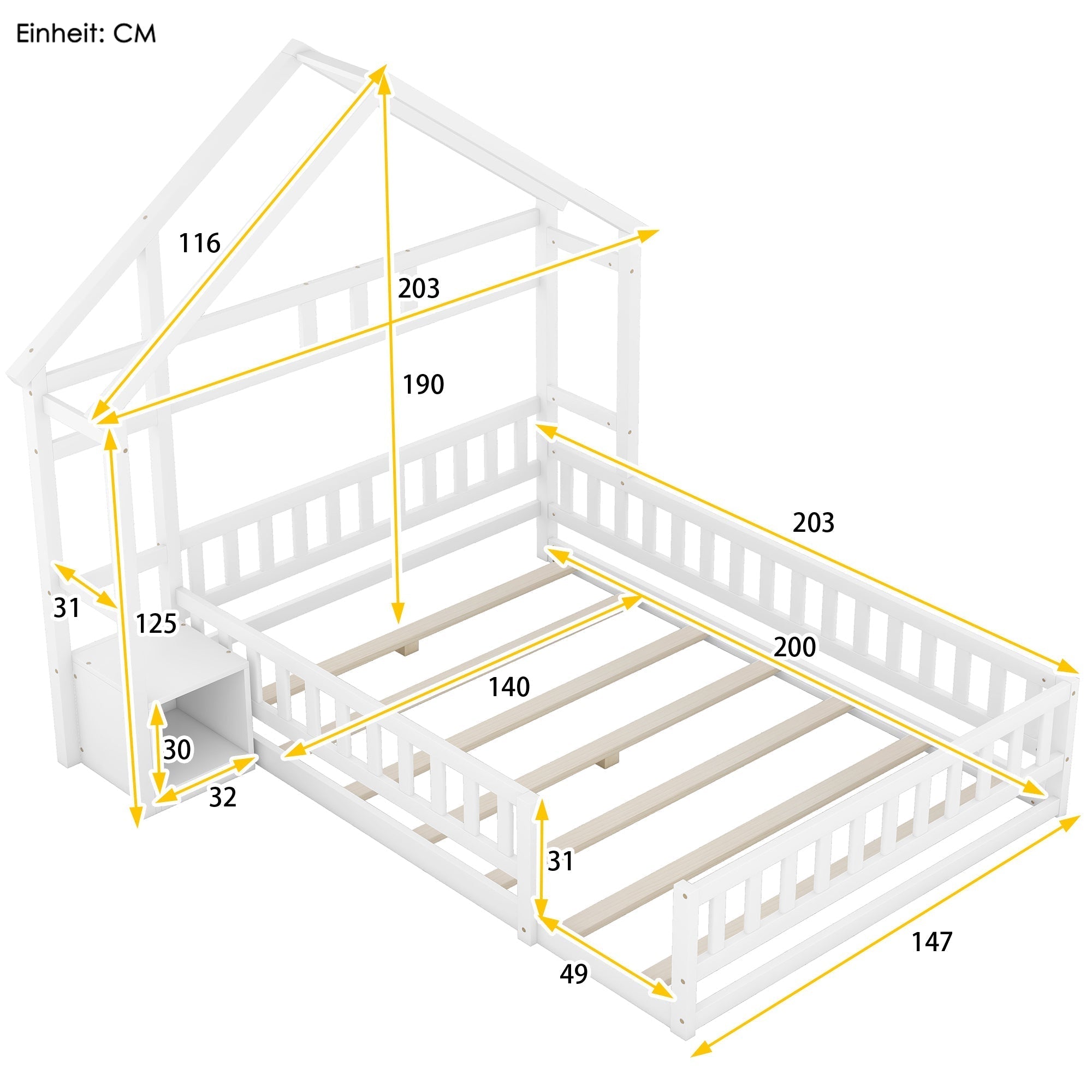 Children's House Bed 140x200cm with Railing & Bedside Tables - White