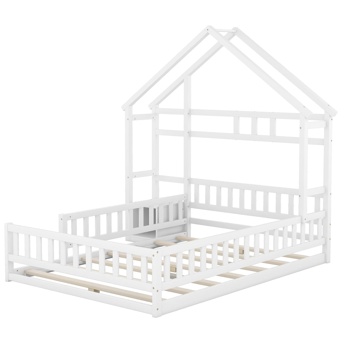 Children's House Bed 140x200cm with Railing & Bedside Tables - White