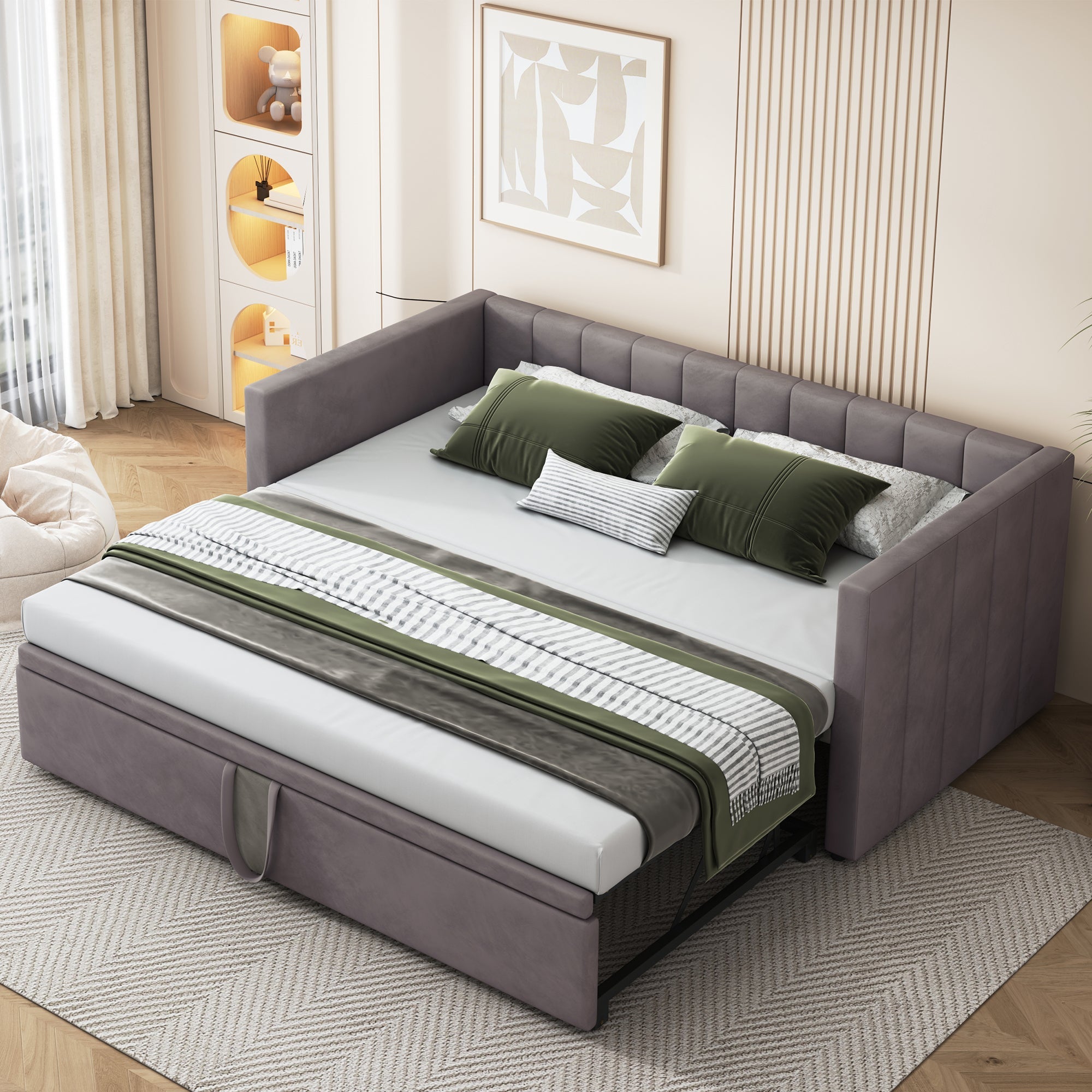 Upholstered Bed, Pull-Out Sofa Bed 90/180x200 cm with Slatted Frames, Multifunctional Velvet Fabric, Grey