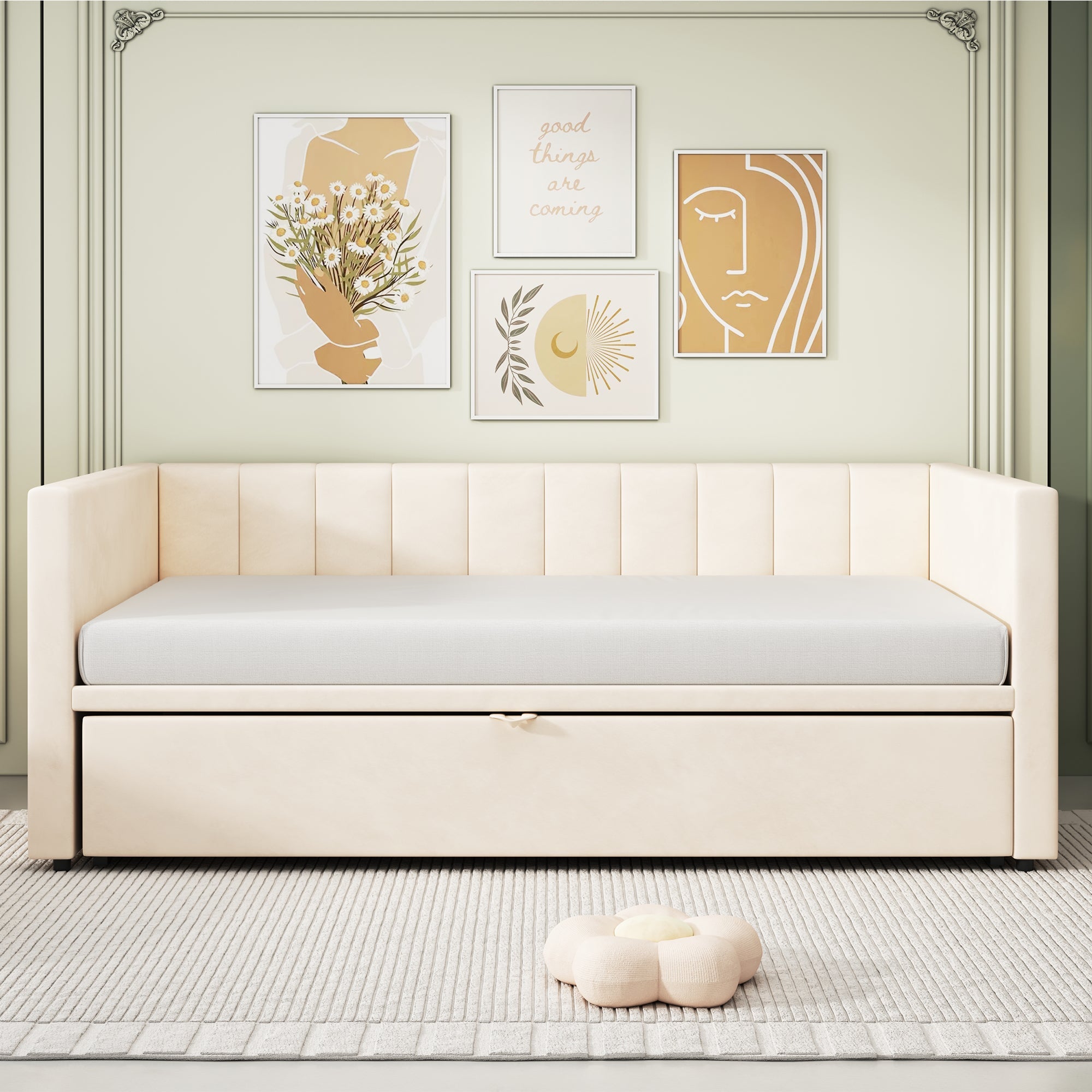 Upholstered Bed Extendable Sofa Bed 90/180x200cm Multifunctional Slatted Base Velvet Fabric Beige