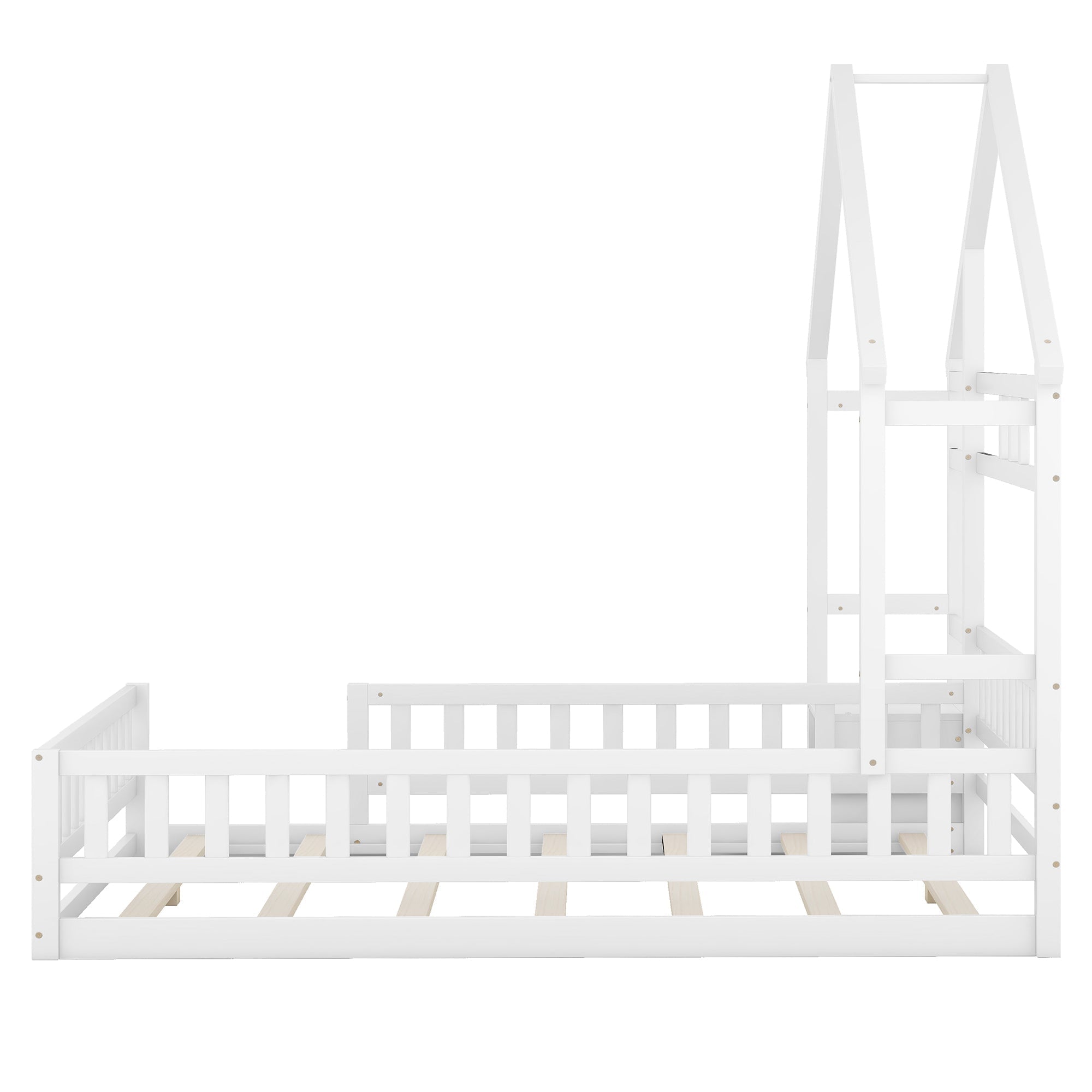 Children's House Bed 140x200cm with Railing & Bedside Tables - White