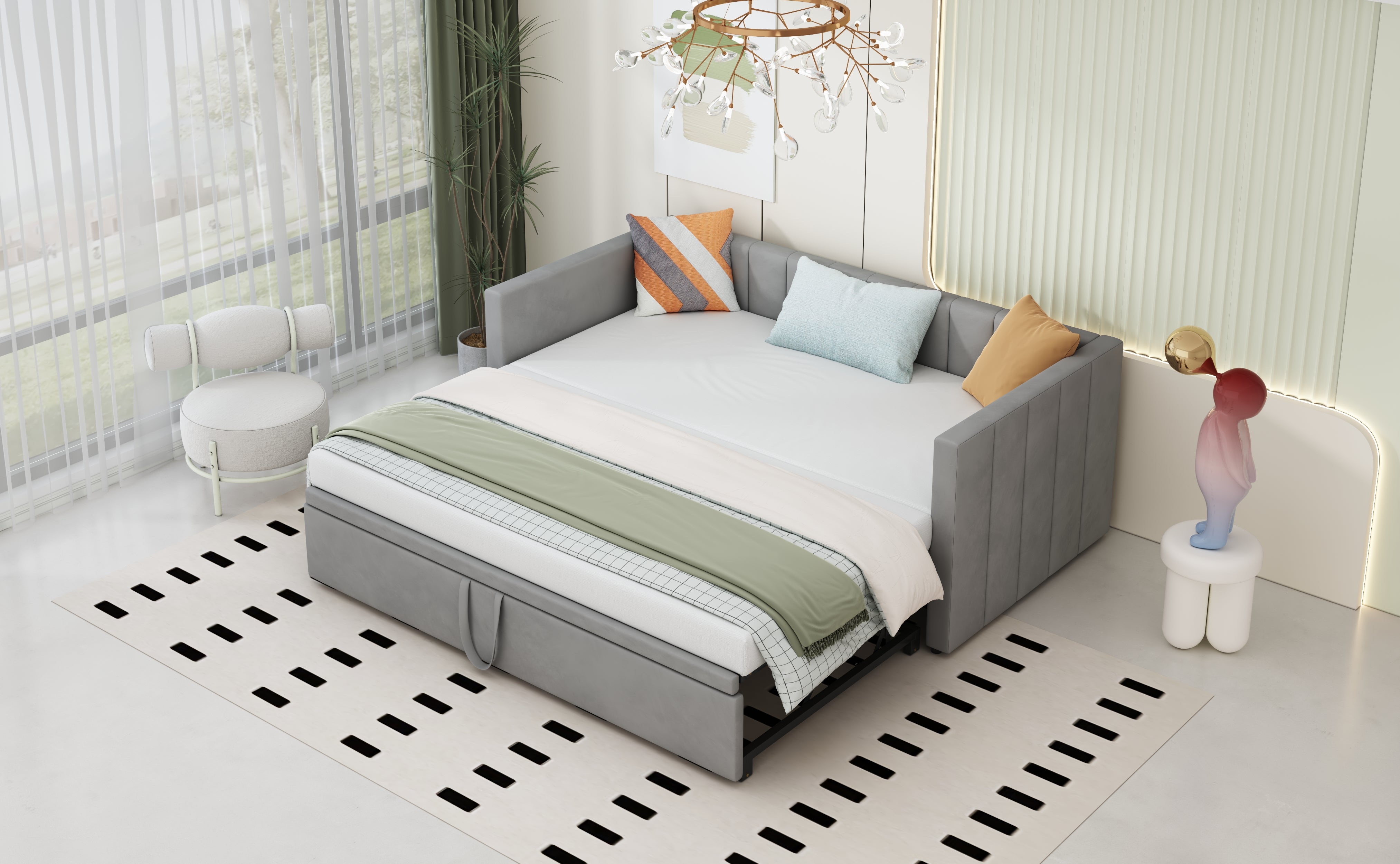 Upholstered Bed, Pull-Out Sofa Bed 90/180*200 cm with Slatted Frames, Skin-Friendly Velvet Fabric, Gray