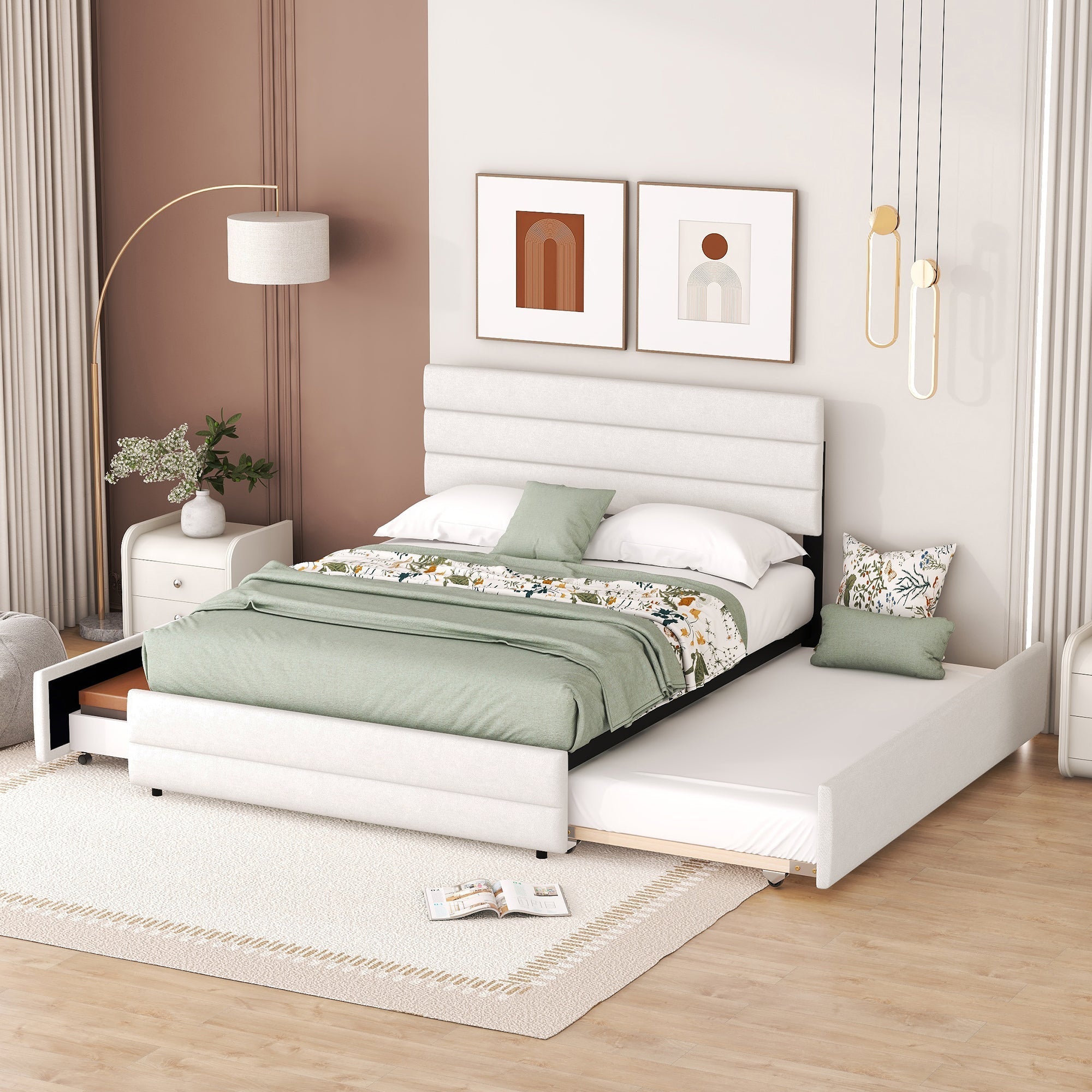 Platform Bed 140x200 with 2 Drawers - Beige