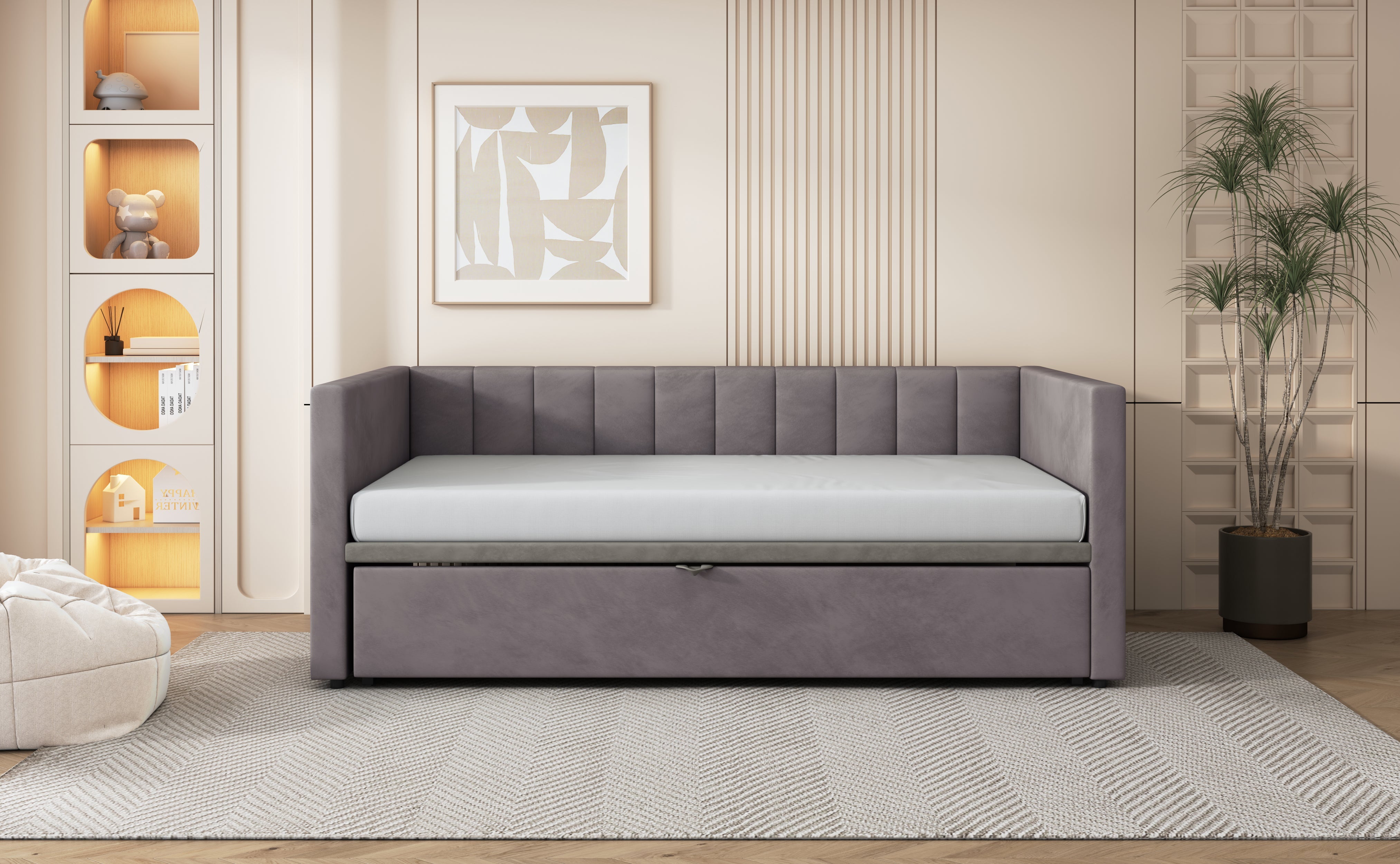Upholstered Bed, Pull-Out Sofa Bed 90/180x200 cm with Slatted Frames, Multifunctional Velvet Fabric, Grey