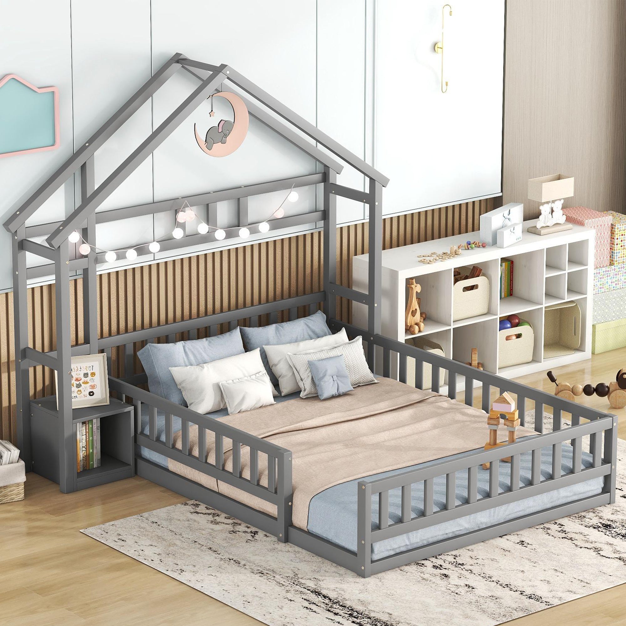 House Bed 140x200cm Flat Bed with Railings Bedside Tables Grey