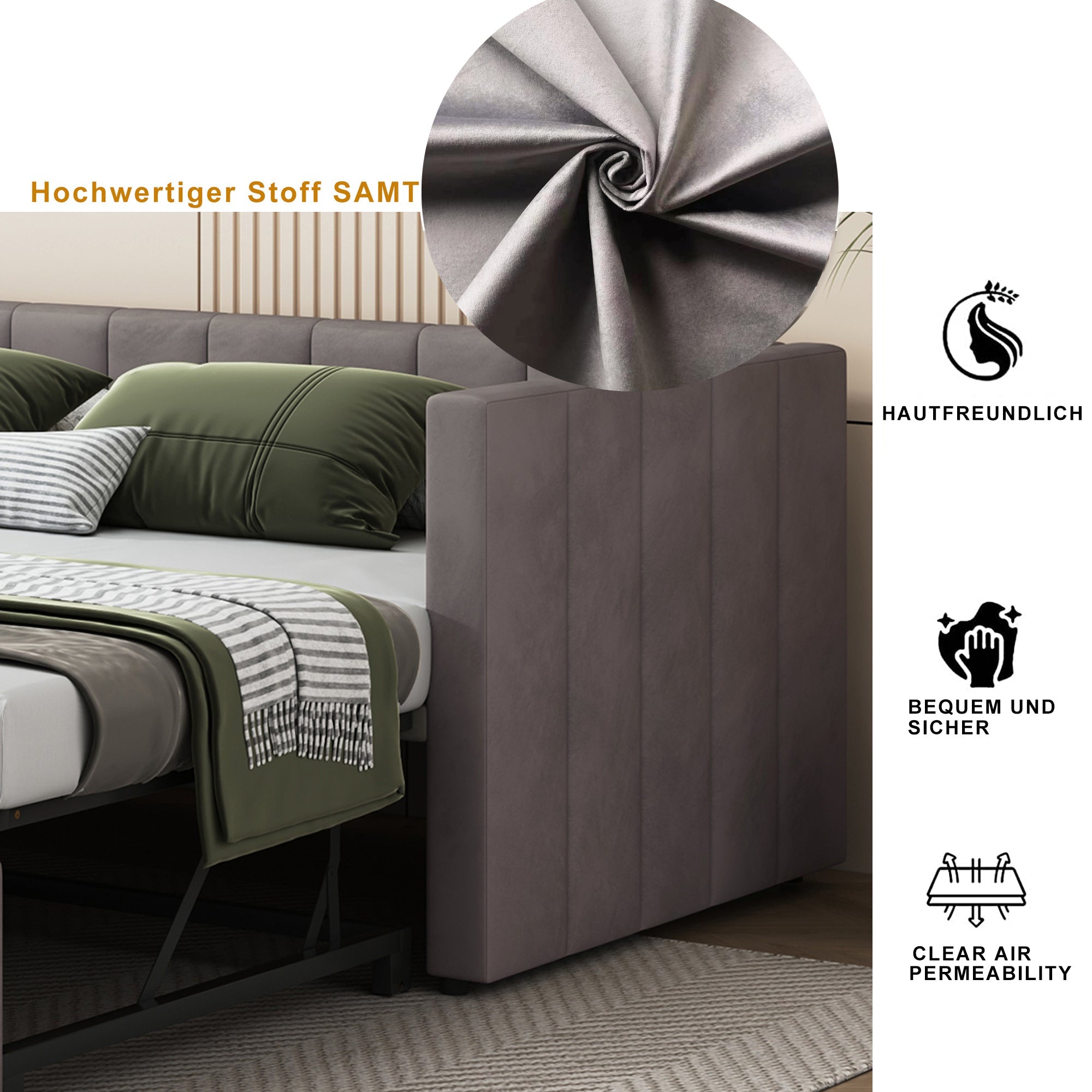 Upholstered Bed, Pull-Out Sofa Bed 90/180x200 cm with Slatted Frames, Multifunctional Velvet Fabric, Grey