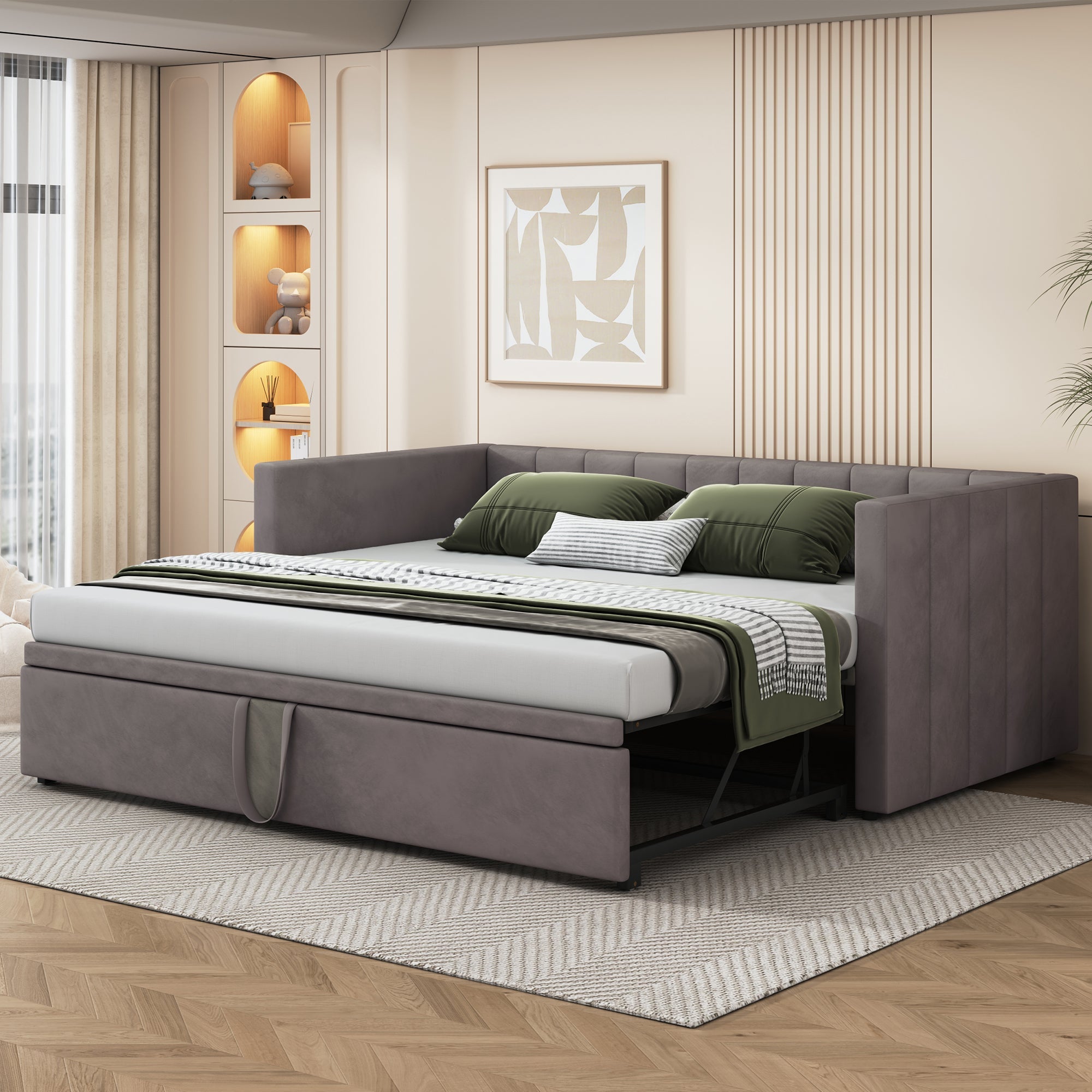 Upholstered Bed, Pull-Out Sofa Bed 90/180x200 cm with Slatted Frames, Multifunctional Velvet Fabric, Grey