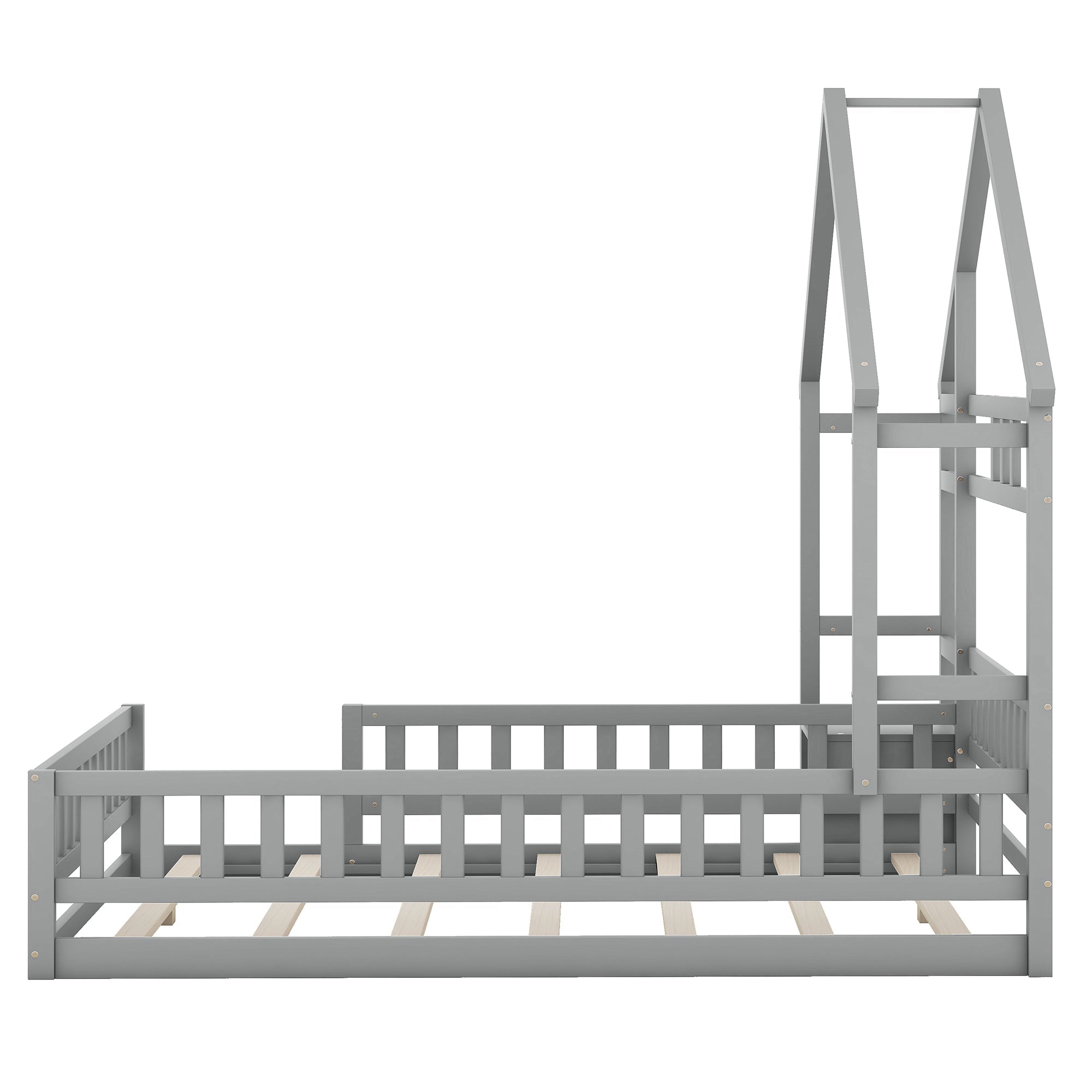 House Bed 140x190cm Railings Bedside Tables - Grey