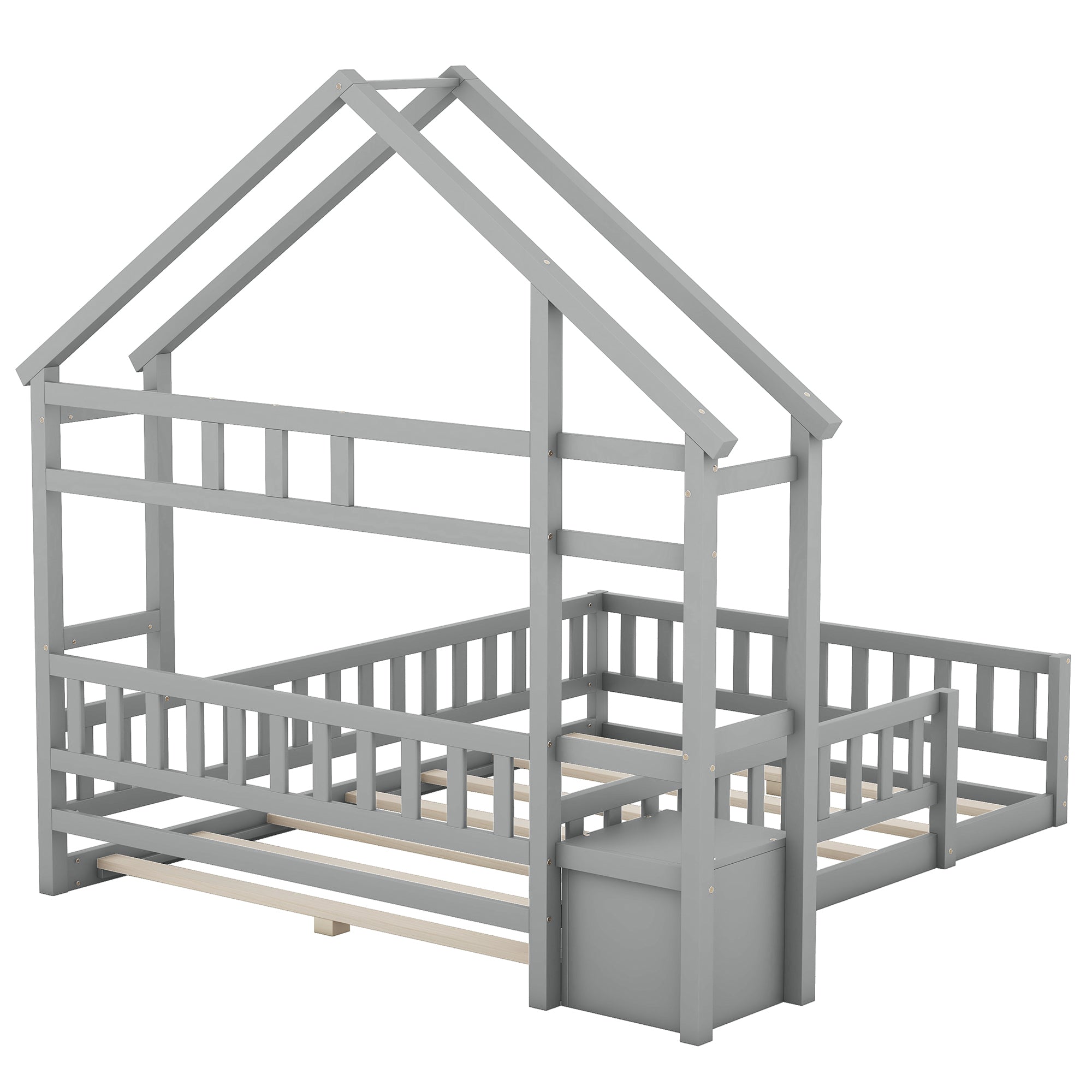 House Bed 140x200cm Flat Bed with Railings Bedside Tables Grey