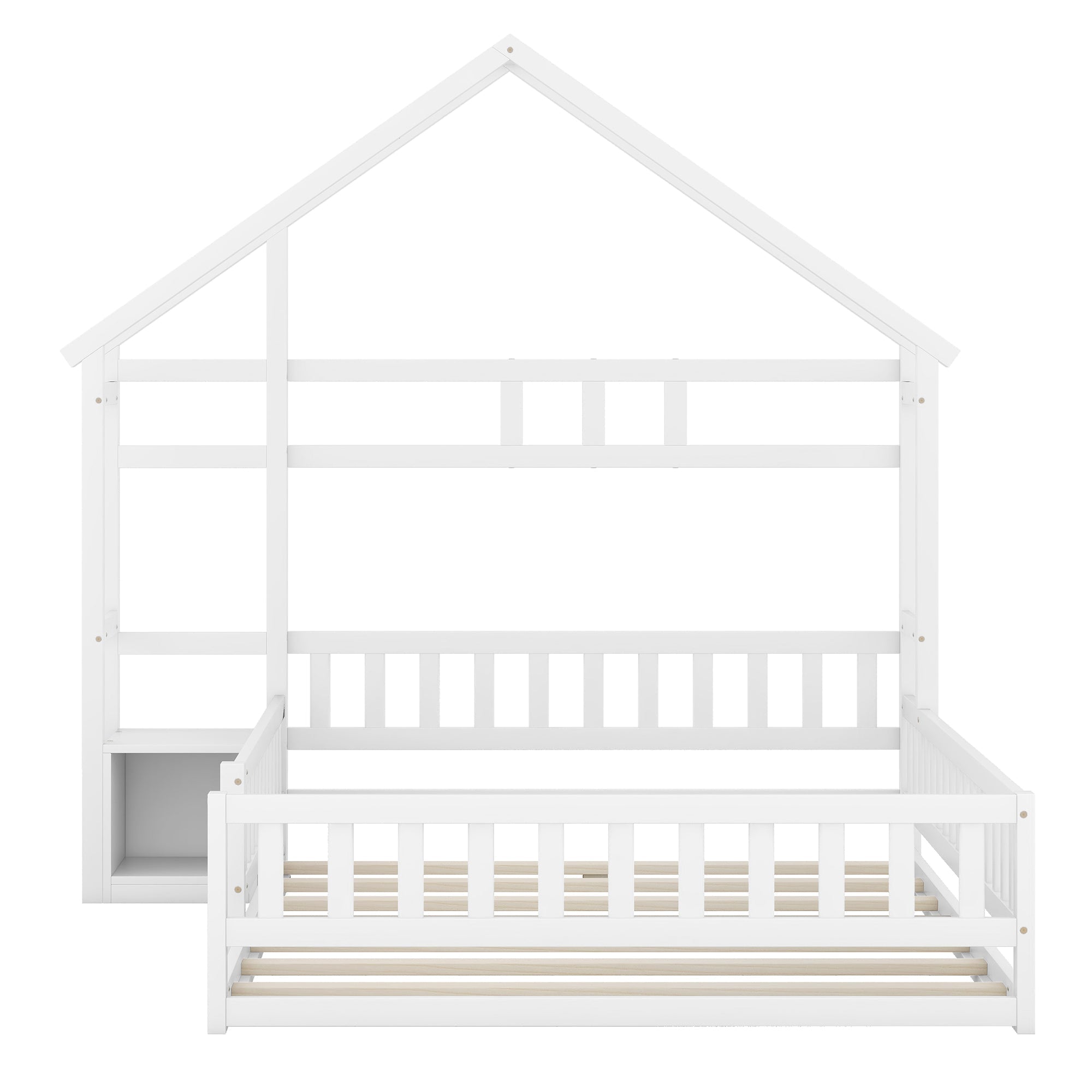 Children's House Bed 140x200cm with Railing & Bedside Tables - White