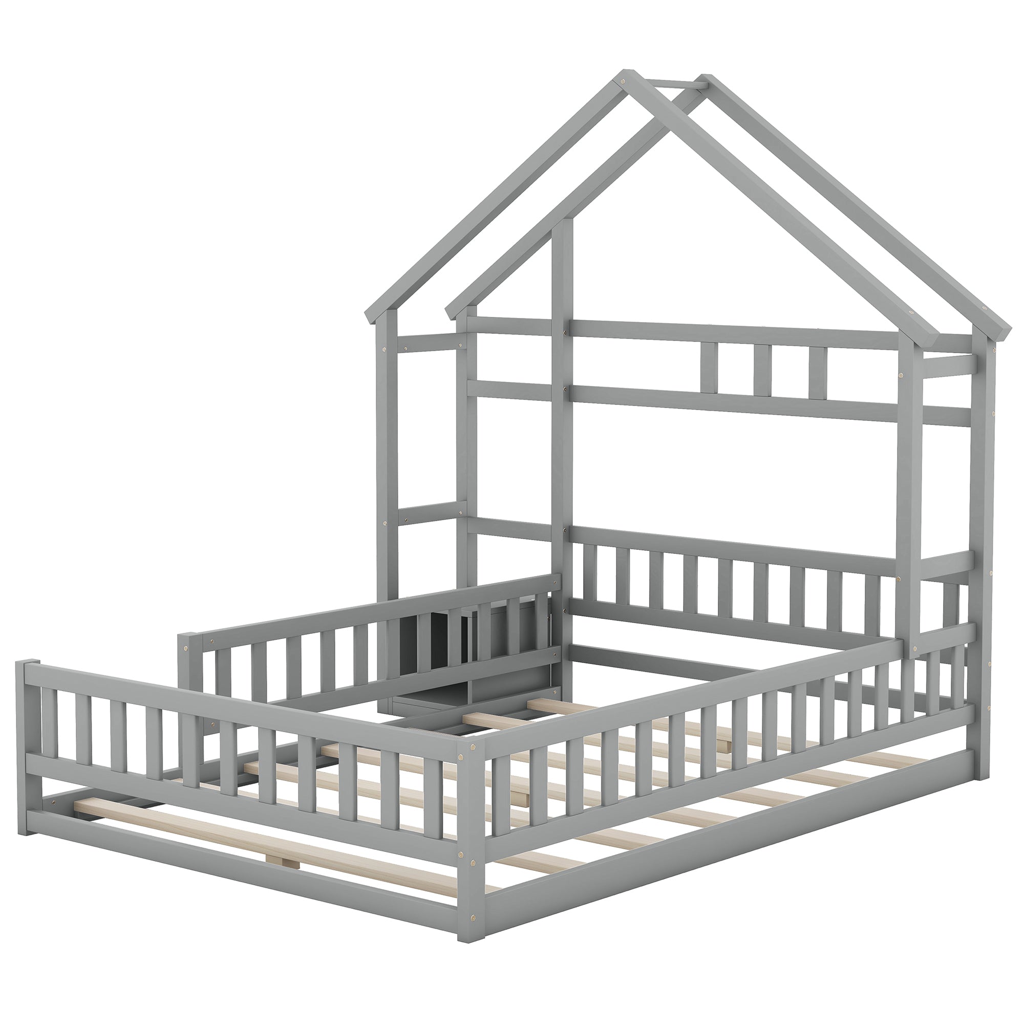 House Bed 140x200cm Flat Bed with Railings Bedside Tables Grey