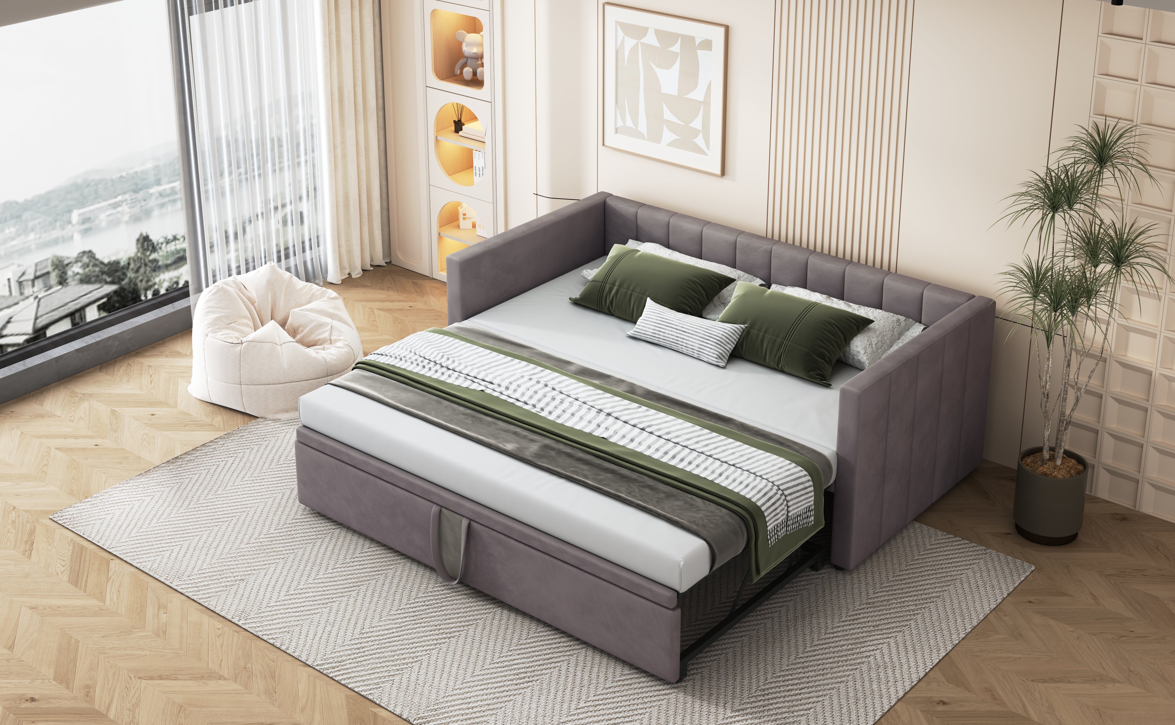 Upholstered Bed, Pull-Out Sofa Bed 90/180x200 cm with Slatted Frames, Multifunctional Velvet Fabric, Grey