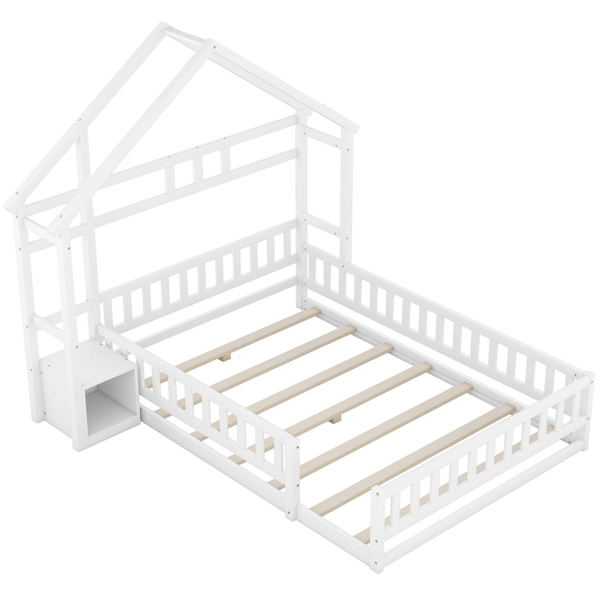 Children's House Bed 140x200cm with Railing & Bedside Tables - White