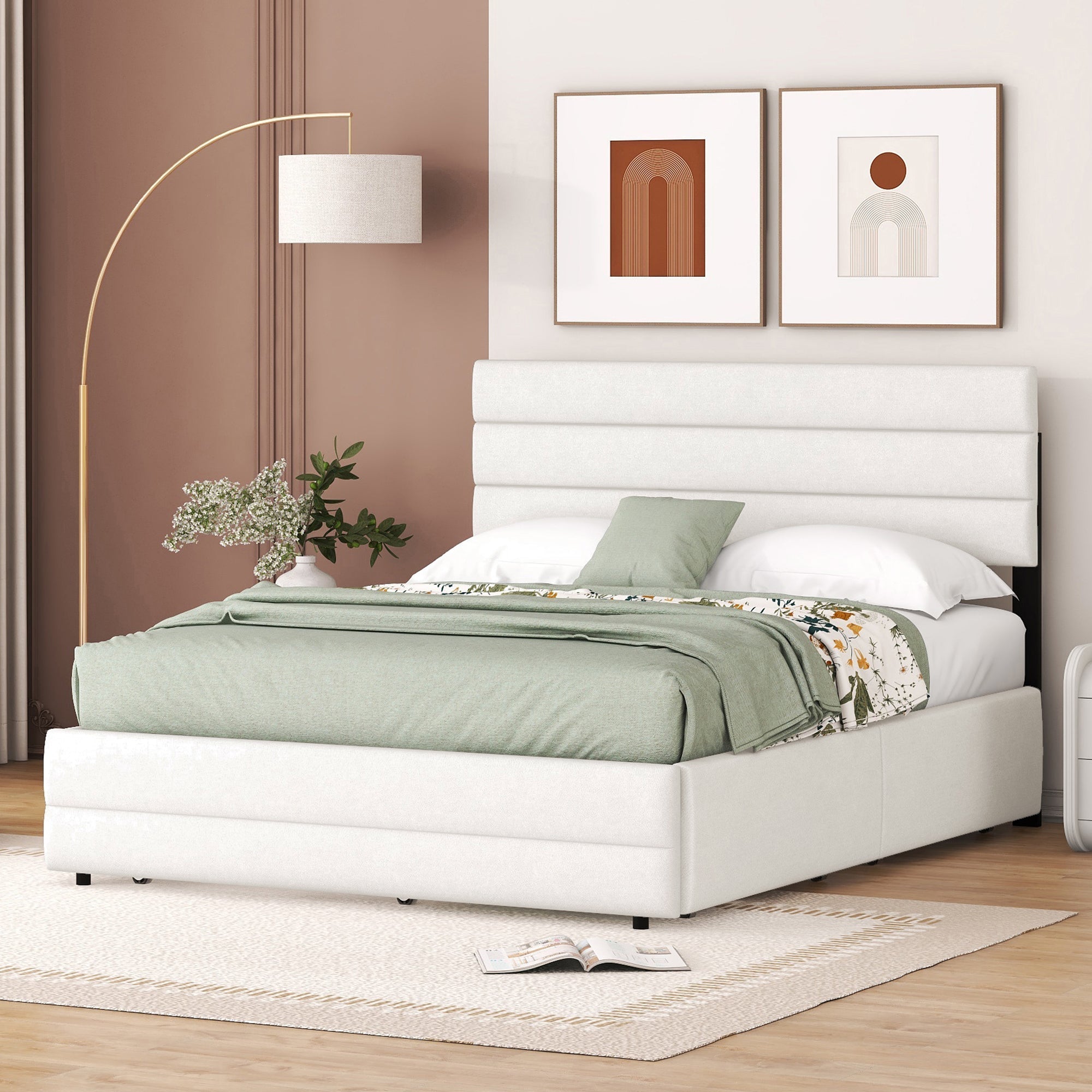 Platform Bed 140x200 with 2 Drawers - Beige
