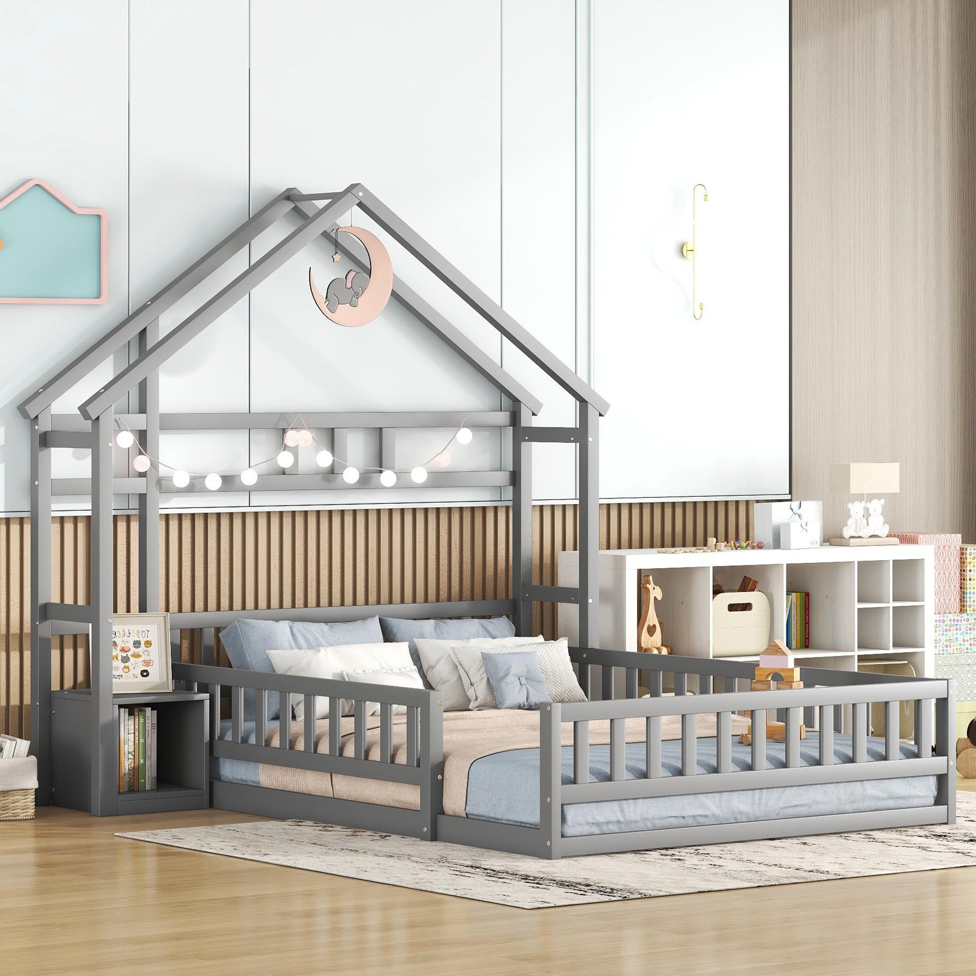 House Bed 140x200cm Flat Bed with Railings Bedside Tables Grey