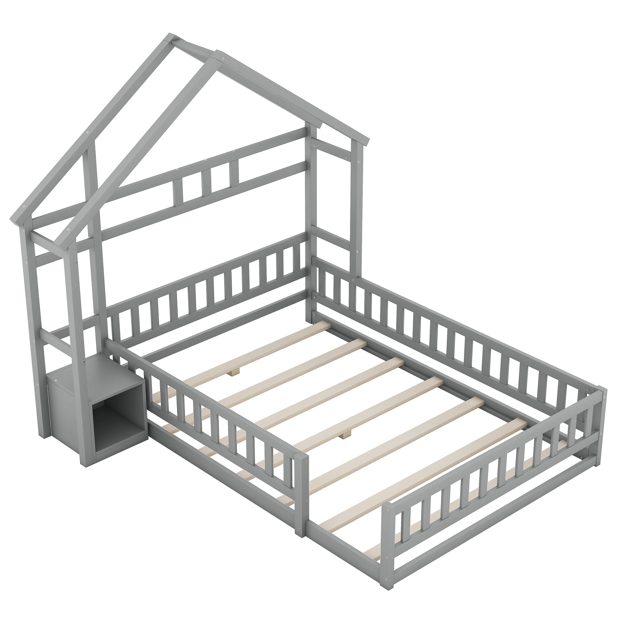 House Bed 140x190cm Railings Bedside Tables - Grey