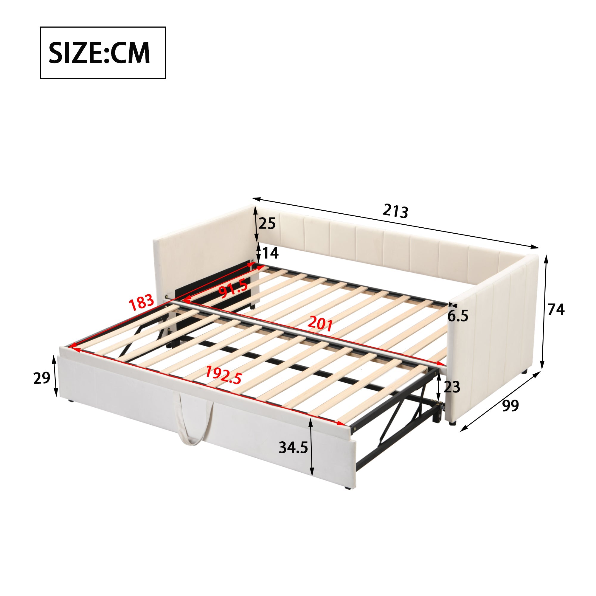 Upholstered Bed Extendable Sofa Bed 90/180x200cm Multifunctional Slatted Base Velvet Fabric Beige