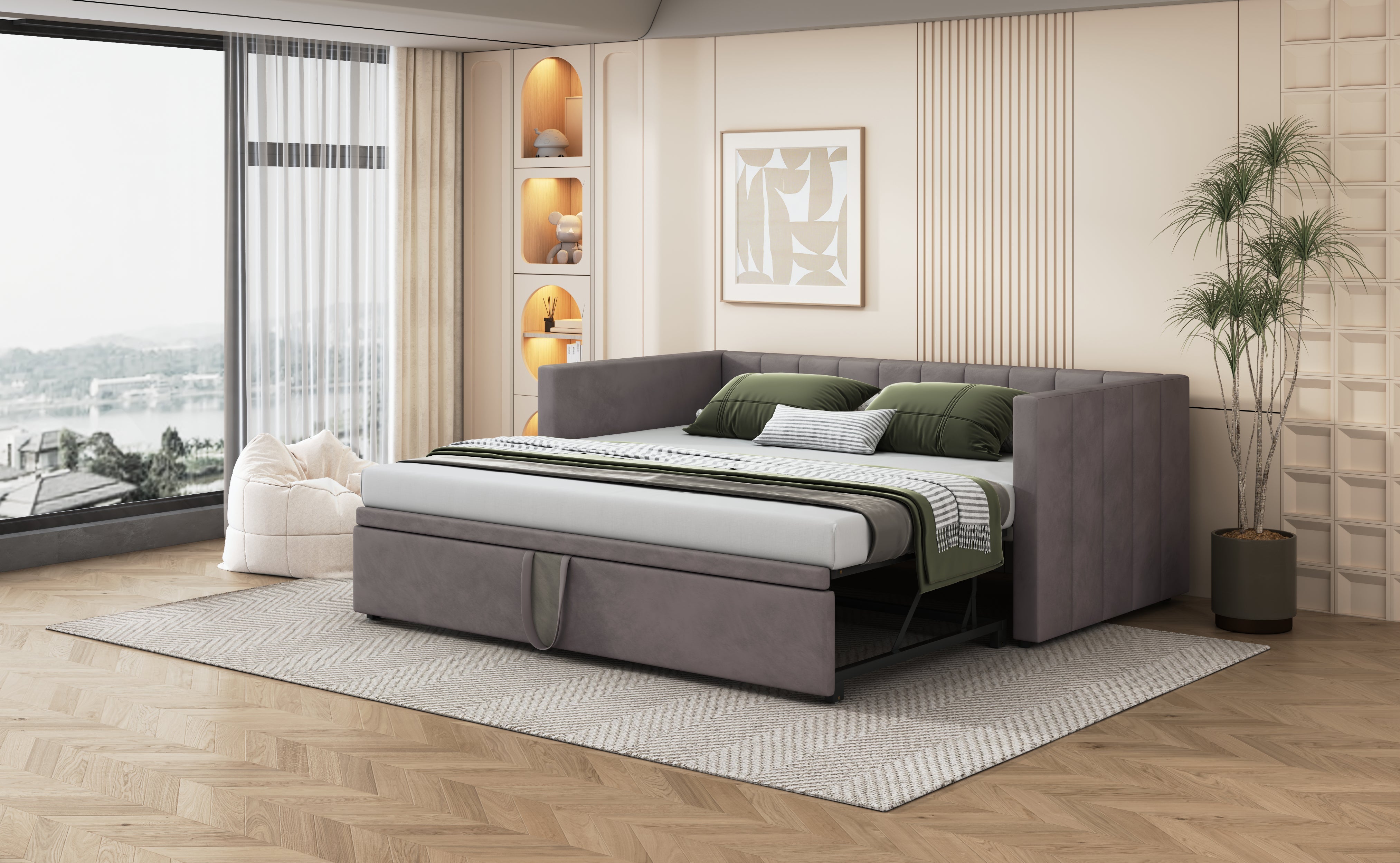 Upholstered Bed, Pull-Out Sofa Bed 90/180x200 cm with Slatted Frames, Multifunctional Velvet Fabric, Grey
