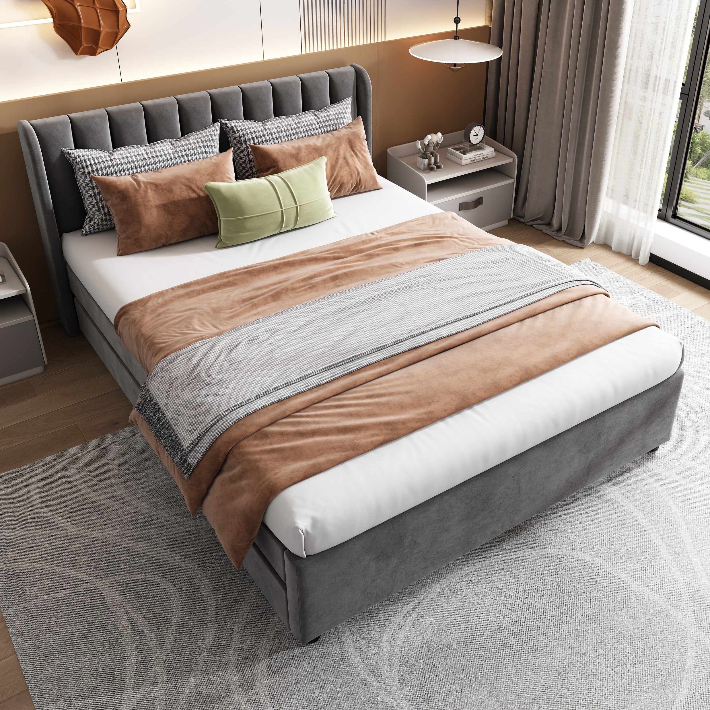 Upholstered Bed 140x200cm Headboard 2 Drawers - Grey Velvet