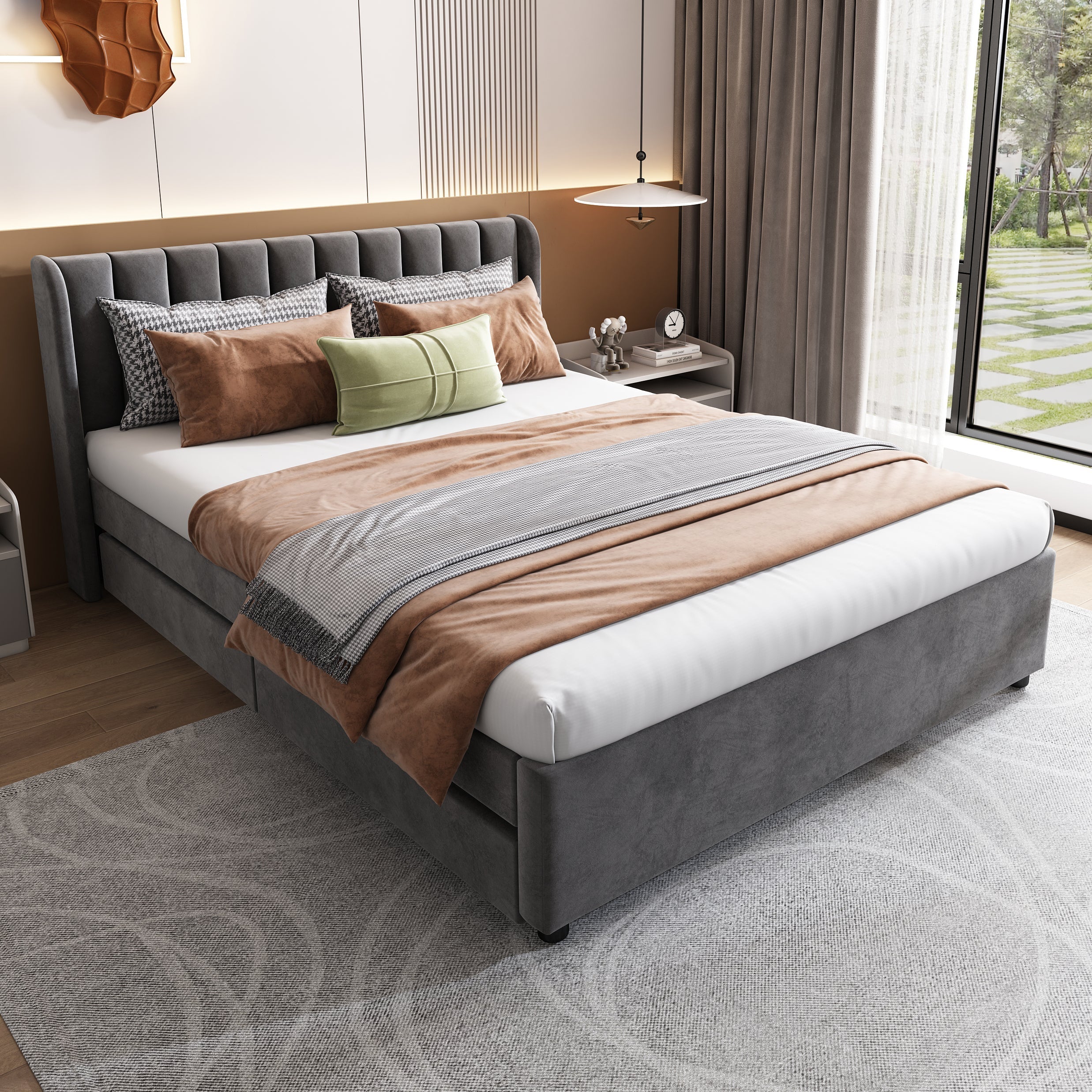 Upholstered Bed 140x200cm Headboard 2 Drawers - Grey Velvet