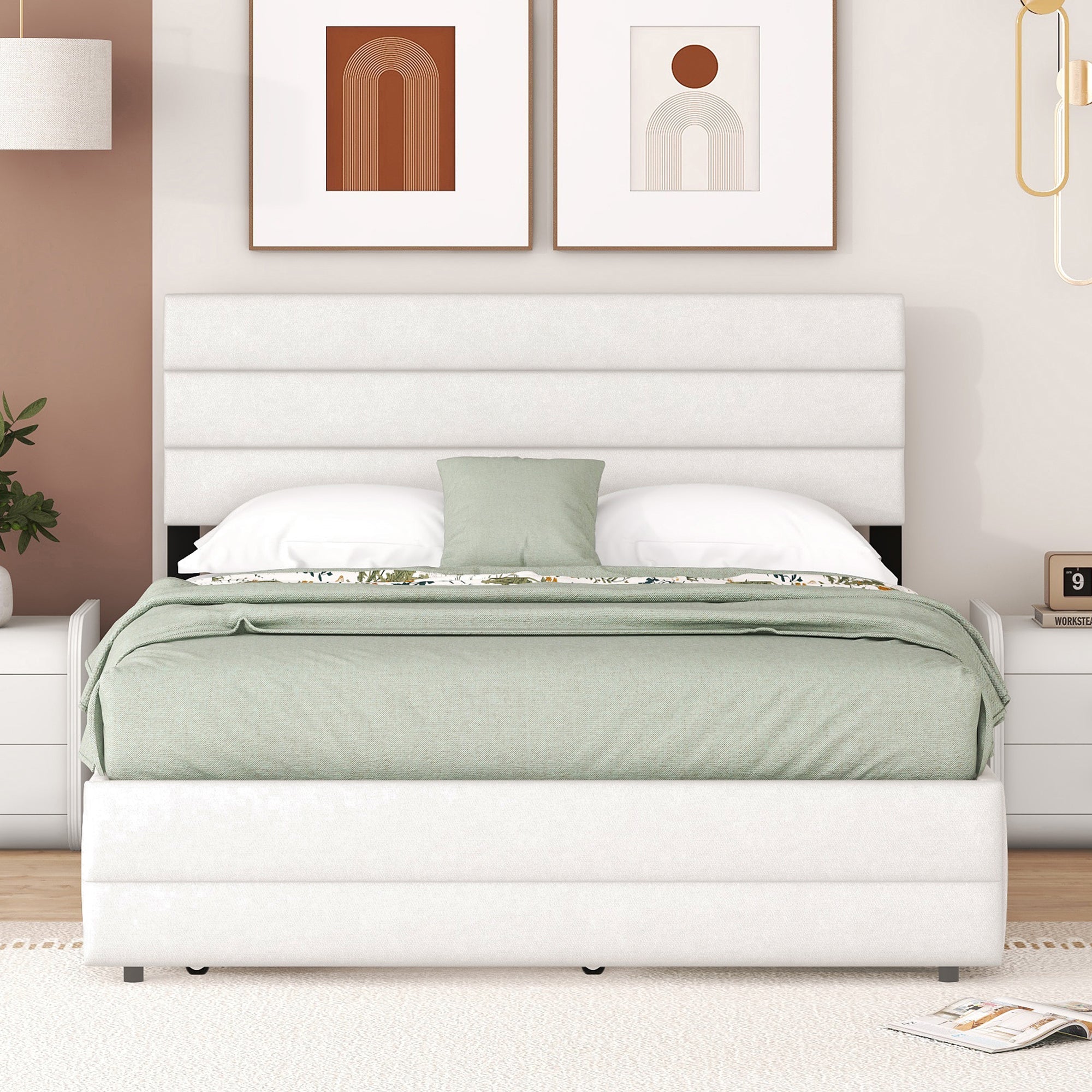 Platform Bed 140x200 with 2 Drawers - Beige