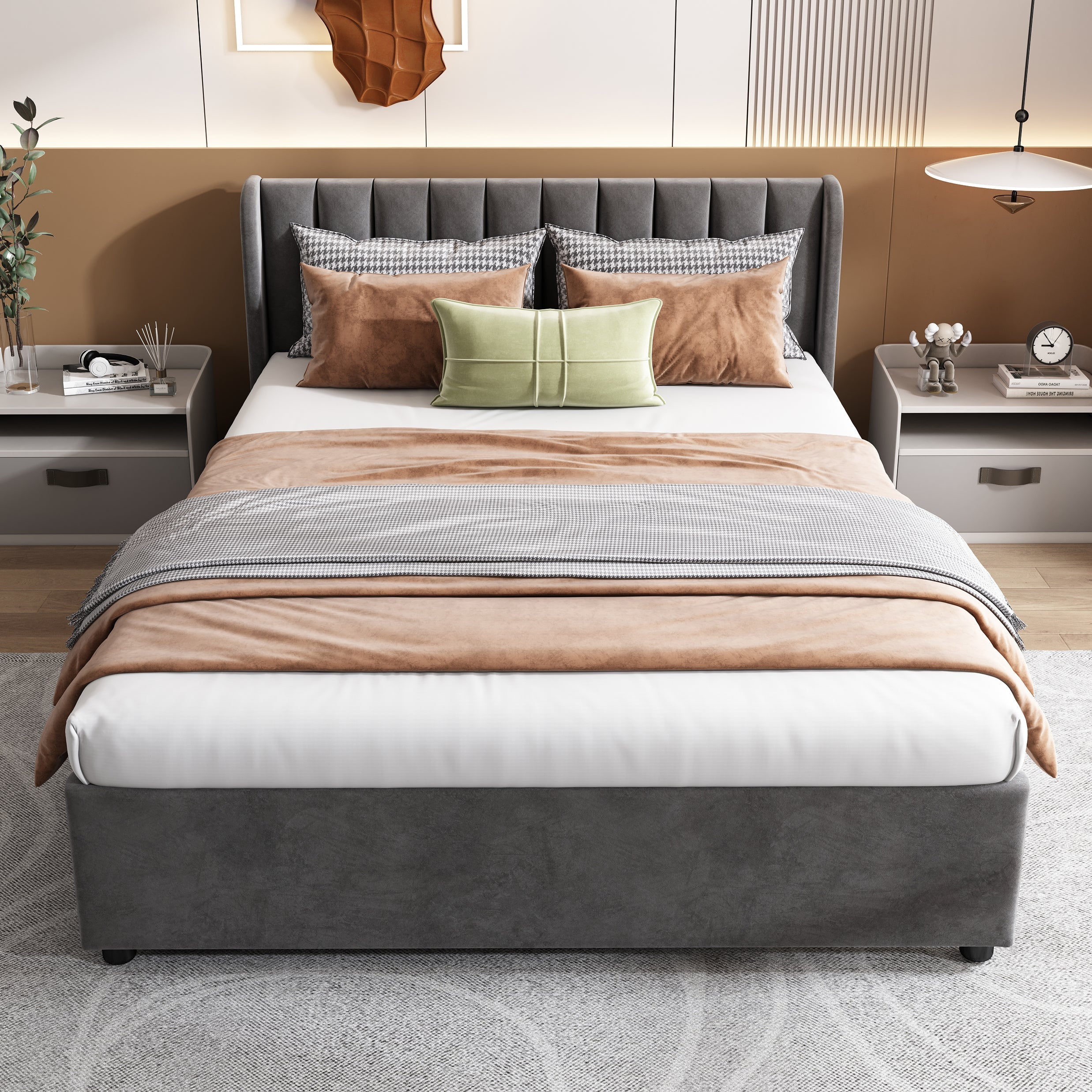 Upholstered Bed 140x200cm Headboard 2 Drawers - Grey Velvet