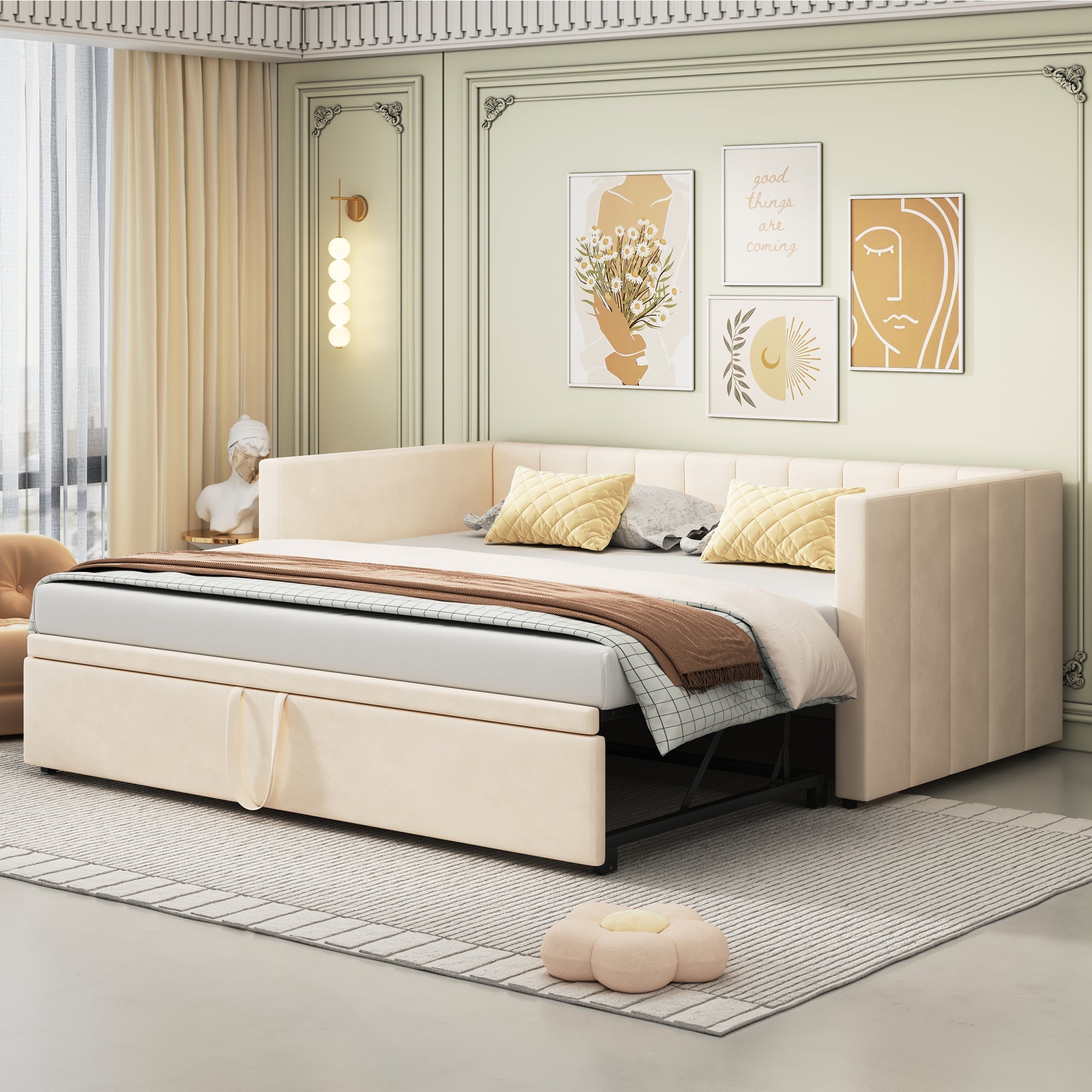 Upholstered Bed Extendable Sofa Bed 90/180x200cm Multifunctional Slatted Base Velvet Fabric Beige
