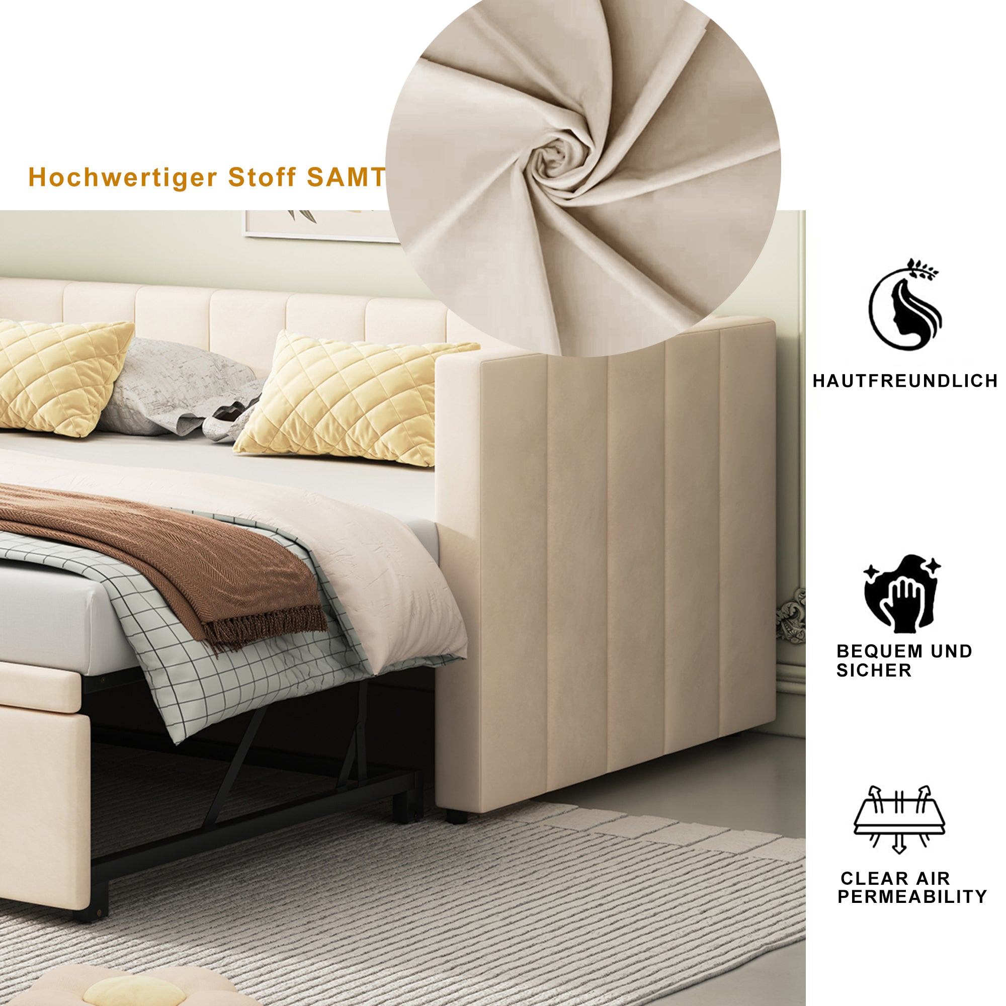 Upholstered Bed Extendable Sofa Bed 90/180x200cm Multifunctional Slatted Base Velvet Fabric Beige