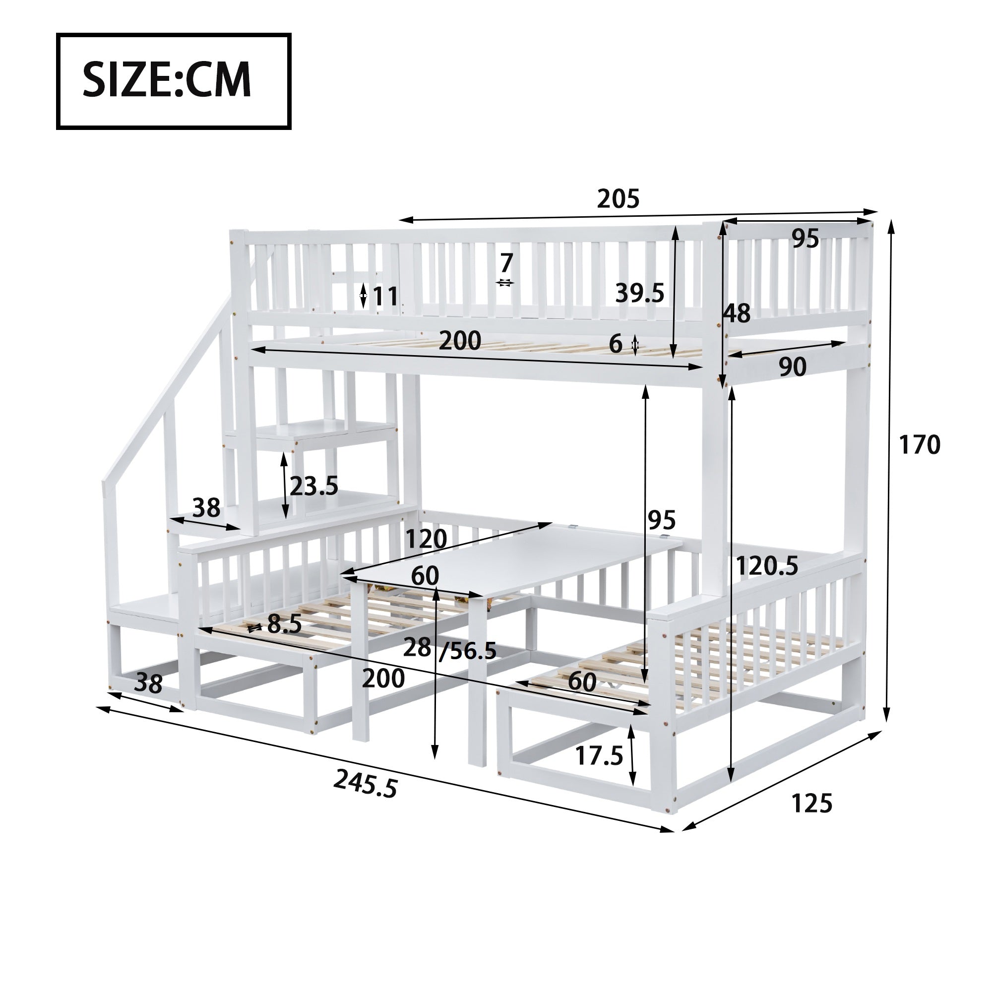 Bunk Bed, Space-Saving with Stairs, Adjustable Table, Wooden Sofa, Pine Wood, White